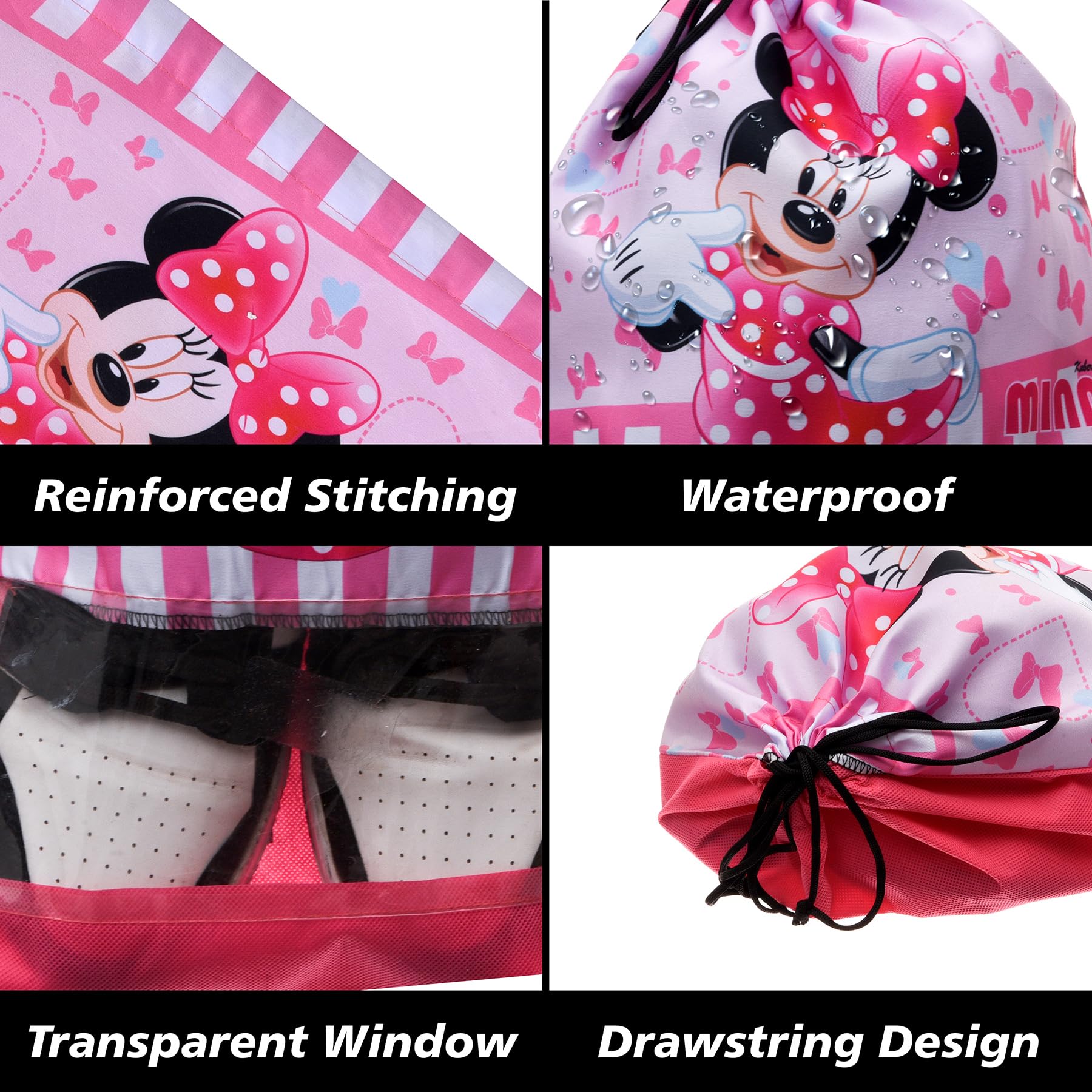 Kuber Industries Disney Minnie Schuhüberzug | Reise-Schuhaufbewahrungstaschen | Polyester-Aufbewahrungstasche | Schuhüberzug mit Kordelzug | Schuh-Organizer mit transparentem Fenster | 6 Stück | Rosa