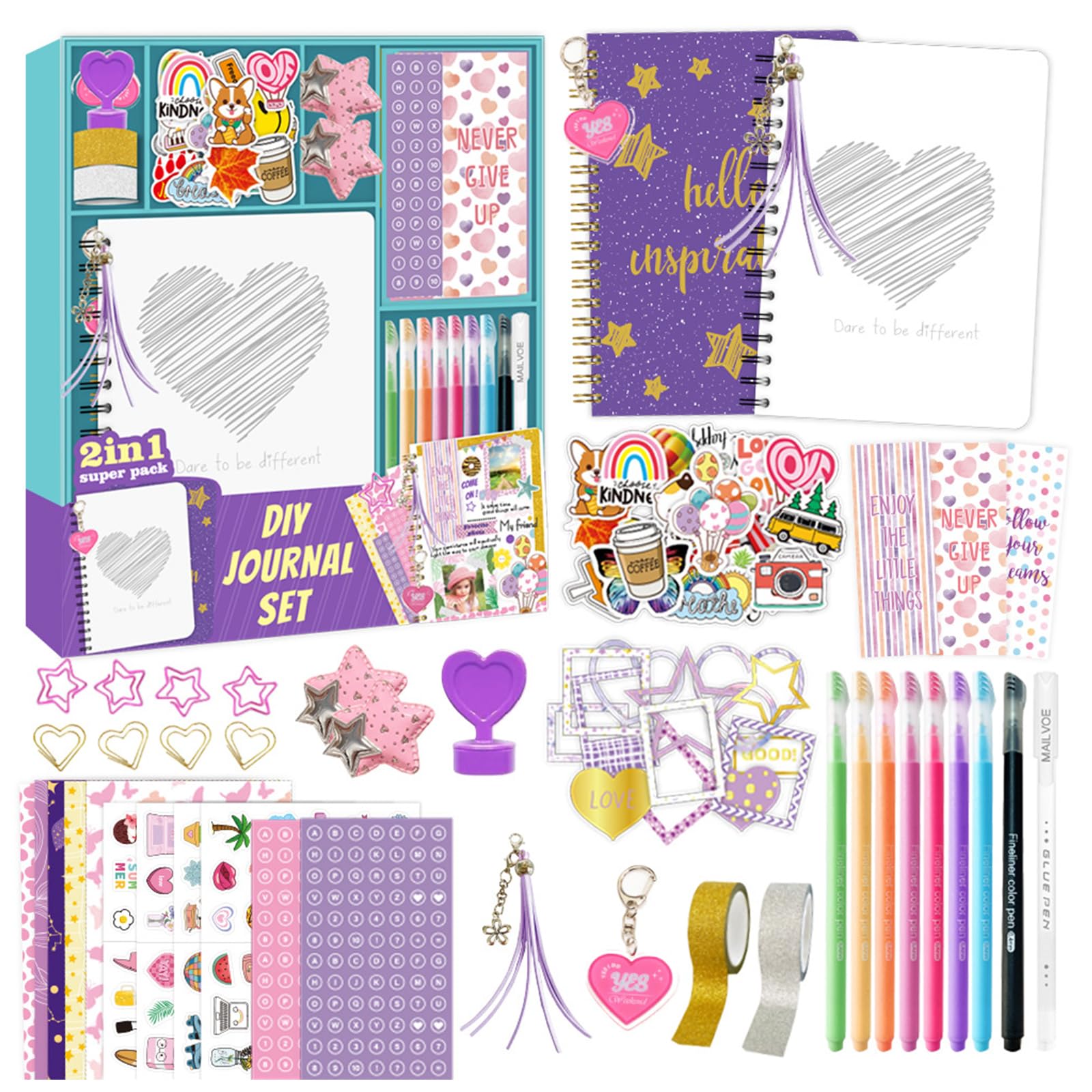 Fournitures de journal imaginatives avec autocollants pour carnet de notes, stylos décoratifs marque-pages pour 4 à 12 ans