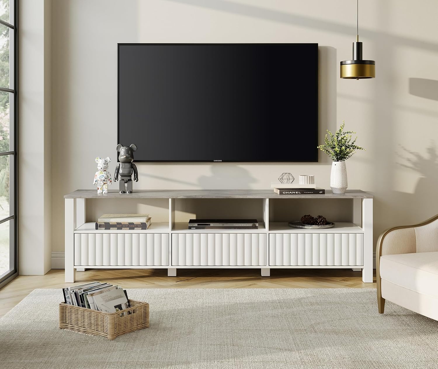 Wampat White TV Stand with Storage, Modern Console Table for 65+ Inch TVs, LED Light Entertainment Center for Living Room, Bedroom, 70 Inch