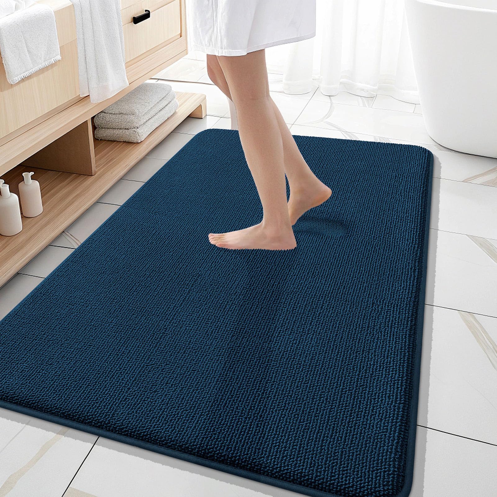 OLANLY Thick Memory Foam Large Bathroom Rug 59x35, Absorbent Bath Mat, Navy