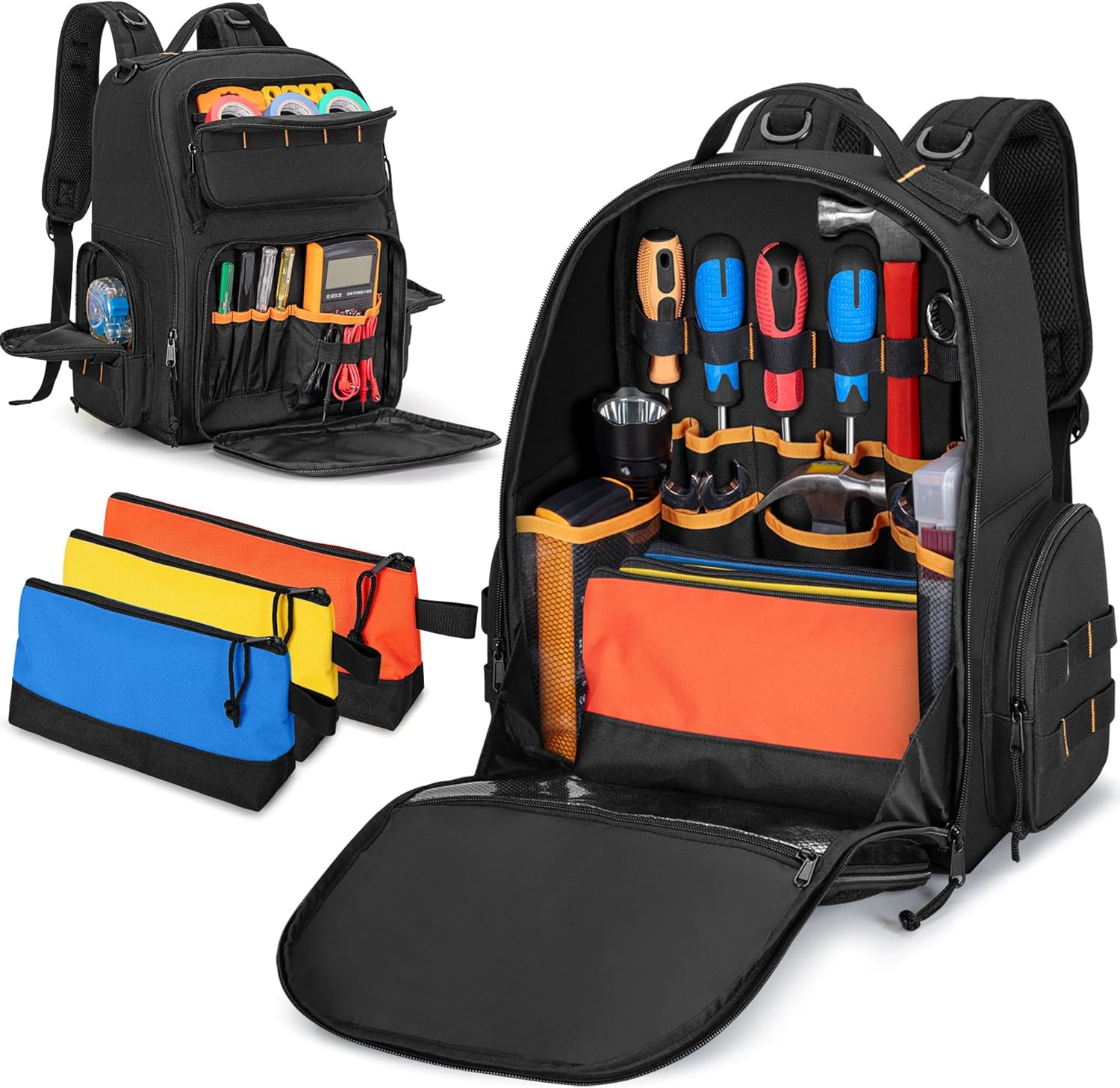 Tool Bag Backpack with 3 Tool Zipper Pouch, Tool Organizer Bag for Men with Padded Support, Tactical Tool Storage Work Bag for Repairman, Electrician, Handyman, Black (Patented Design)