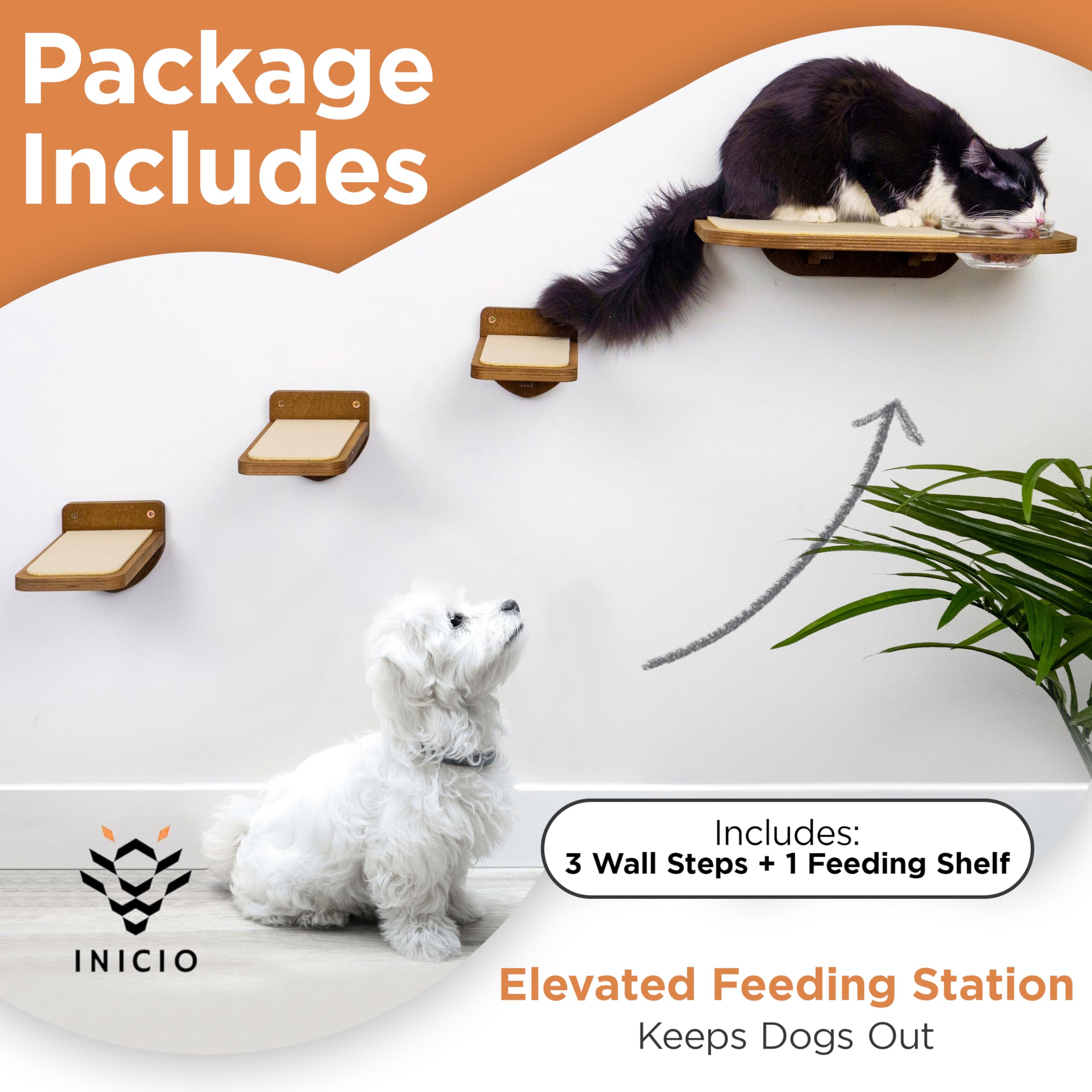 INICIO Mensole da parete per gatti – Stazione di alimentazione a prova di cane con ripiani montati a parete, resistente mensola galleggiante in betulla a 3 gradini per gatti fino a 6,8 kg, include