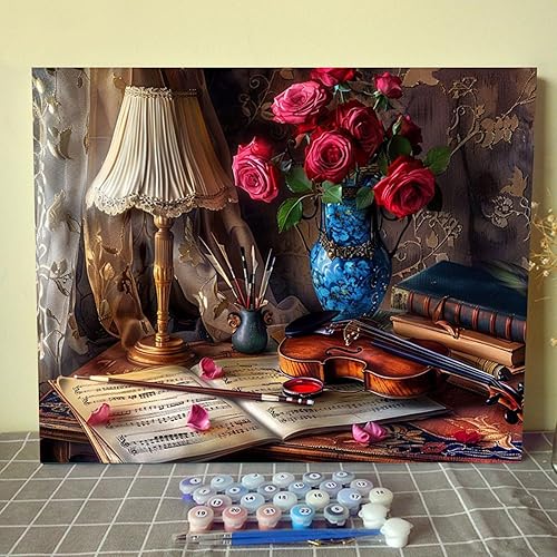 Kits de pintura por números, estilo europeo retro, kits de pintura al óleo sobre lienzo con pinceles de pintura y pigmento acrílico, libro de violín