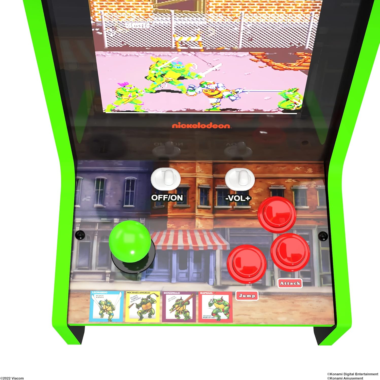Close-up of the Arcade1UP Teenage Mutant Ninja Turtles Countercade control panel