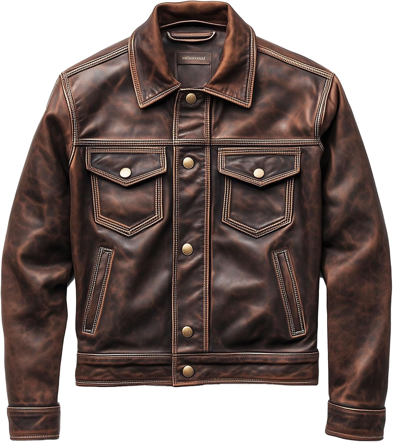 Mens Real Distressed Leather Motorcycle Jacket - American Vintage Style Western Leather Trucker Jacket Men