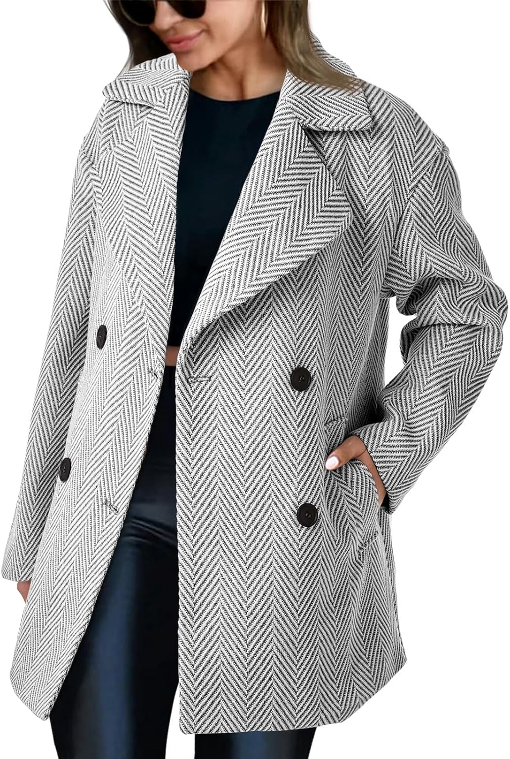 Cicy Bell Womens Oversized Herringbone Pea Coats Double Breasted Mid Length Wool Blend Trench Coat Blazer Jackets