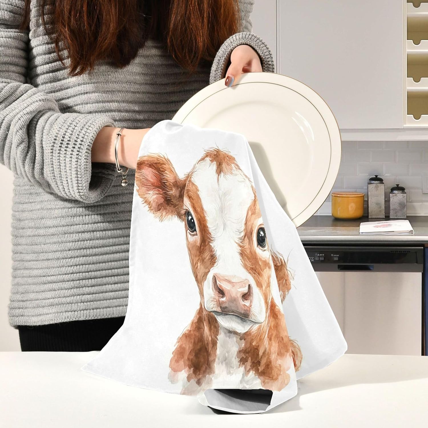 Watercolor Cow Kitchen Dish Towels Set of 6, Soft & Absorbent Kitchen Hand Towels Quick Dry Tea Towel with Hanging Loop Reusable