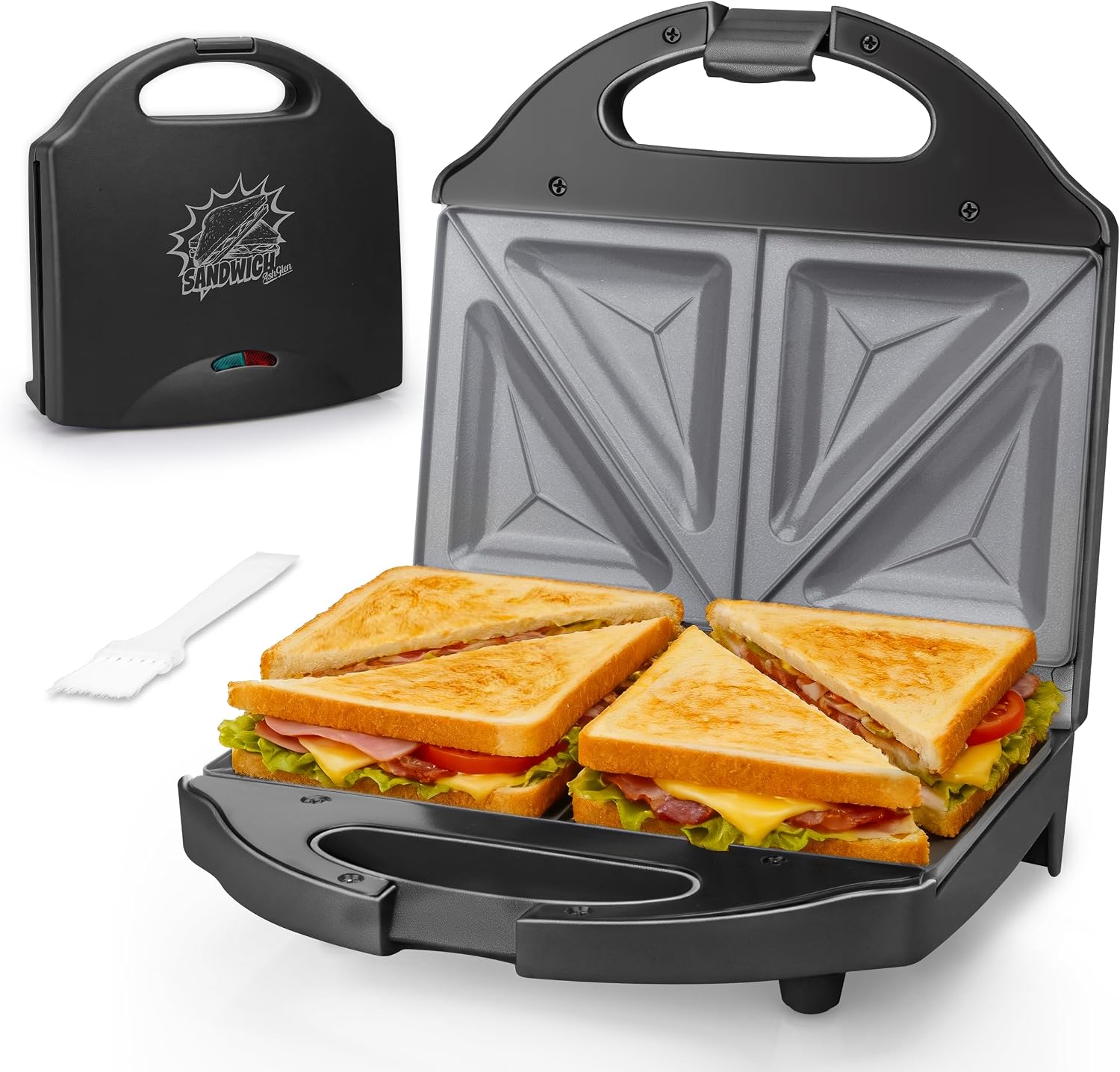 AshGlen Ceramic Breakfast Sandwich Maker Press 2 Slices, Mini Sandwich Press, Grilled Cheese Maker, Tostadora De Pan Sandwichera, Sandwichera Electrica, Sandwich Toaster, Ceramic Coating, Graphite