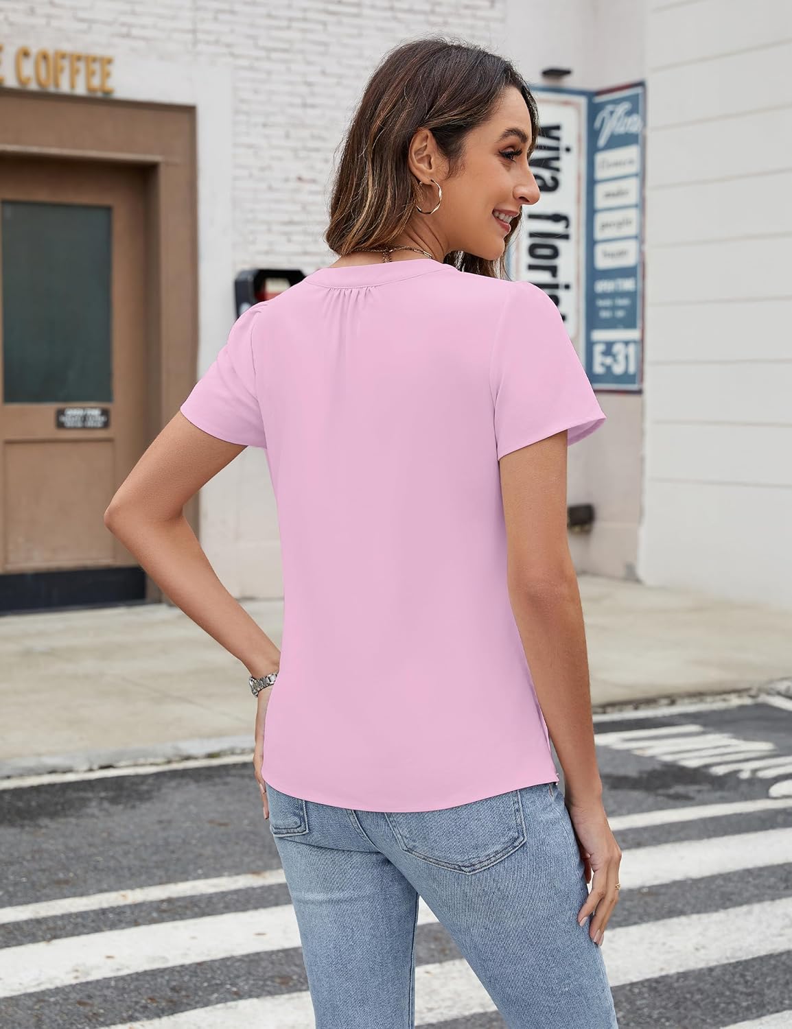 Blooming Jelly Womens Dressy Casual Tops White Button Down Shirts Pleated Short Sleeve Crew Neck Summer Blouse - Image 3