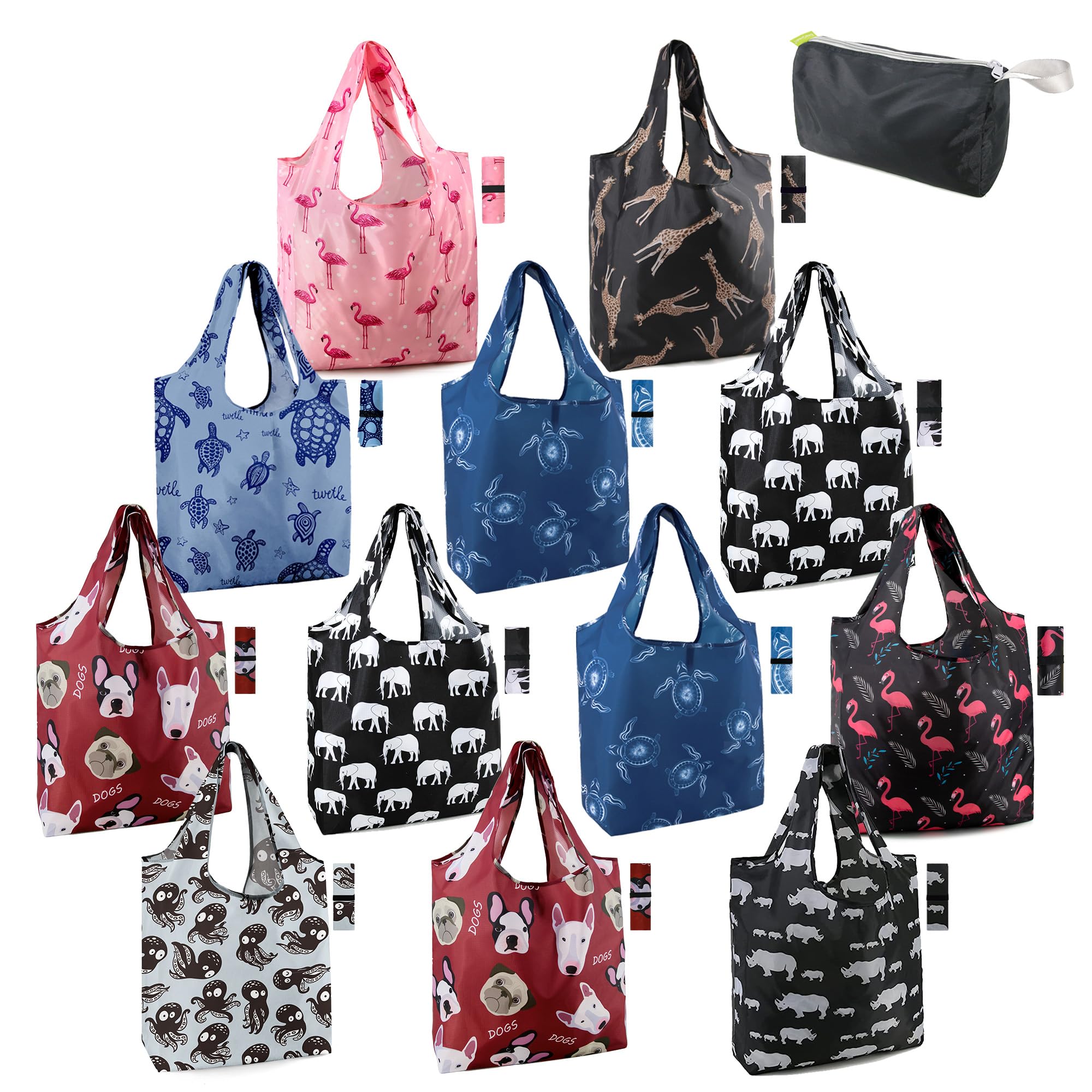 BeeGreen Animal Reusable Grocery Bags Bulk 12 Packs X-Large50LBS, Reusable Shopping Bags Foldable for Groceries, Vegetables, Fruits Watertight Bulk