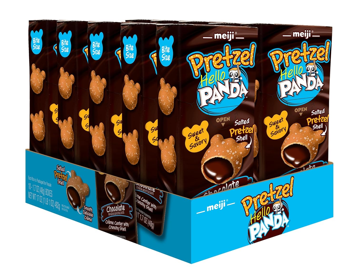MEIJI Hello Panda Pretzel Cookies, Chocolate Crème Filled - 1.7oz, Pack of 10 - Crunchy Pretzel Shell with Smooth Delicious Crème