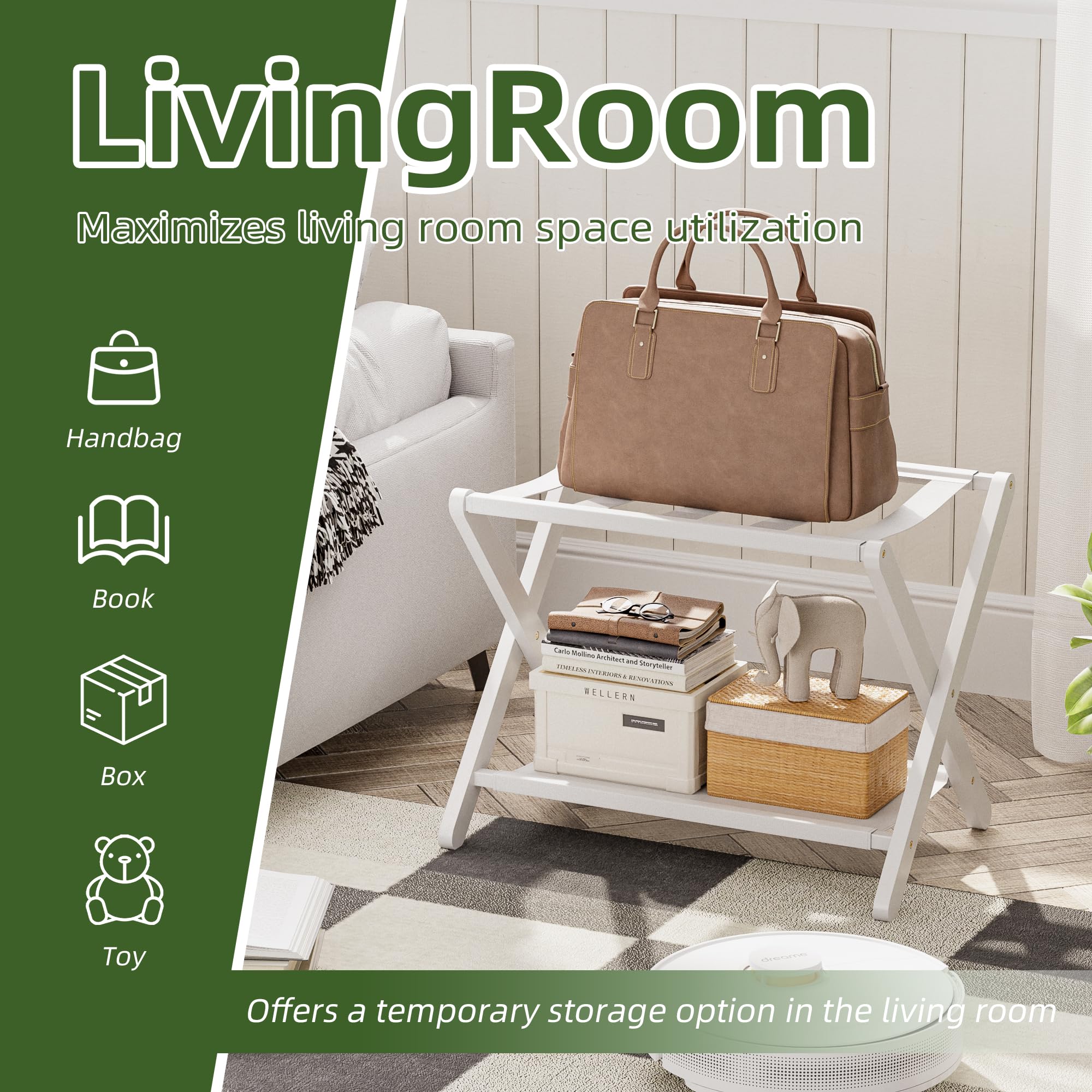 Portaequipajes, Juego de 2, Soporte plegable para maletas con estante de almacenamiento, Portaequipajes de bambú premium para habitación de invitados, hotel, Soporta hasta 61 kg (Blanco)