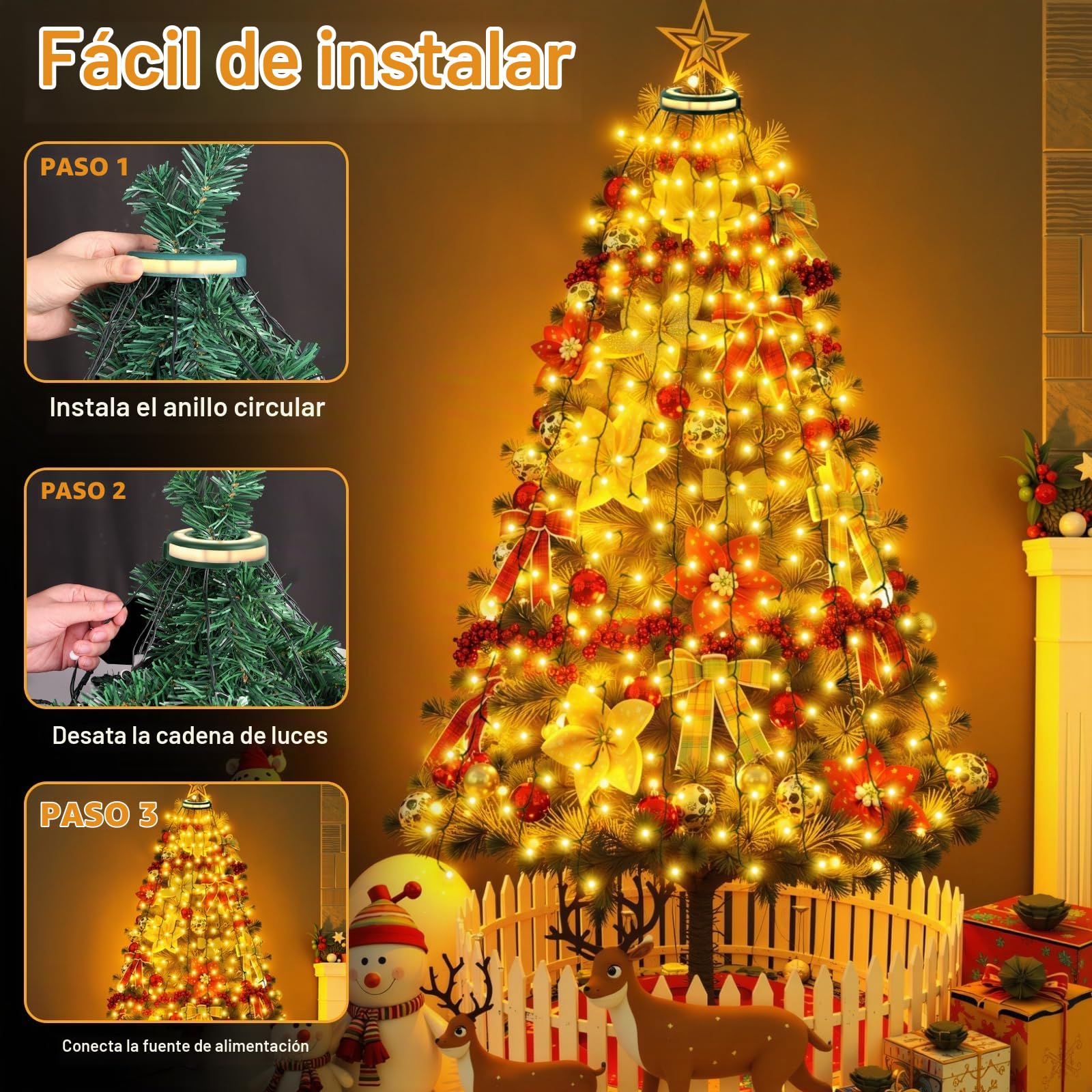 Nextronix Luces Arbol Navidad con Anillos Brillantes, 2.5m x 12 Cadena de Luces 320LED, IP44 Impermeable Guirnalda Luces Exterior con 8 Modos, Luz Navideña para Exterior, Interior, Arbol de Navidad