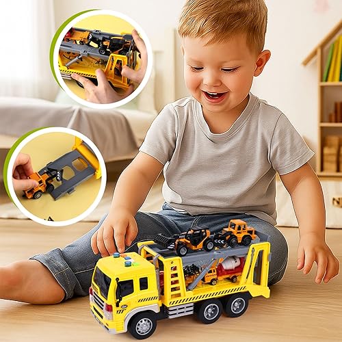 Miniatura 5 de LovesTown Juego de 5 piezas de camión de construcción, camión grande con luces y sonidos y pequeños camiones de ingeniería fundidos a presión para