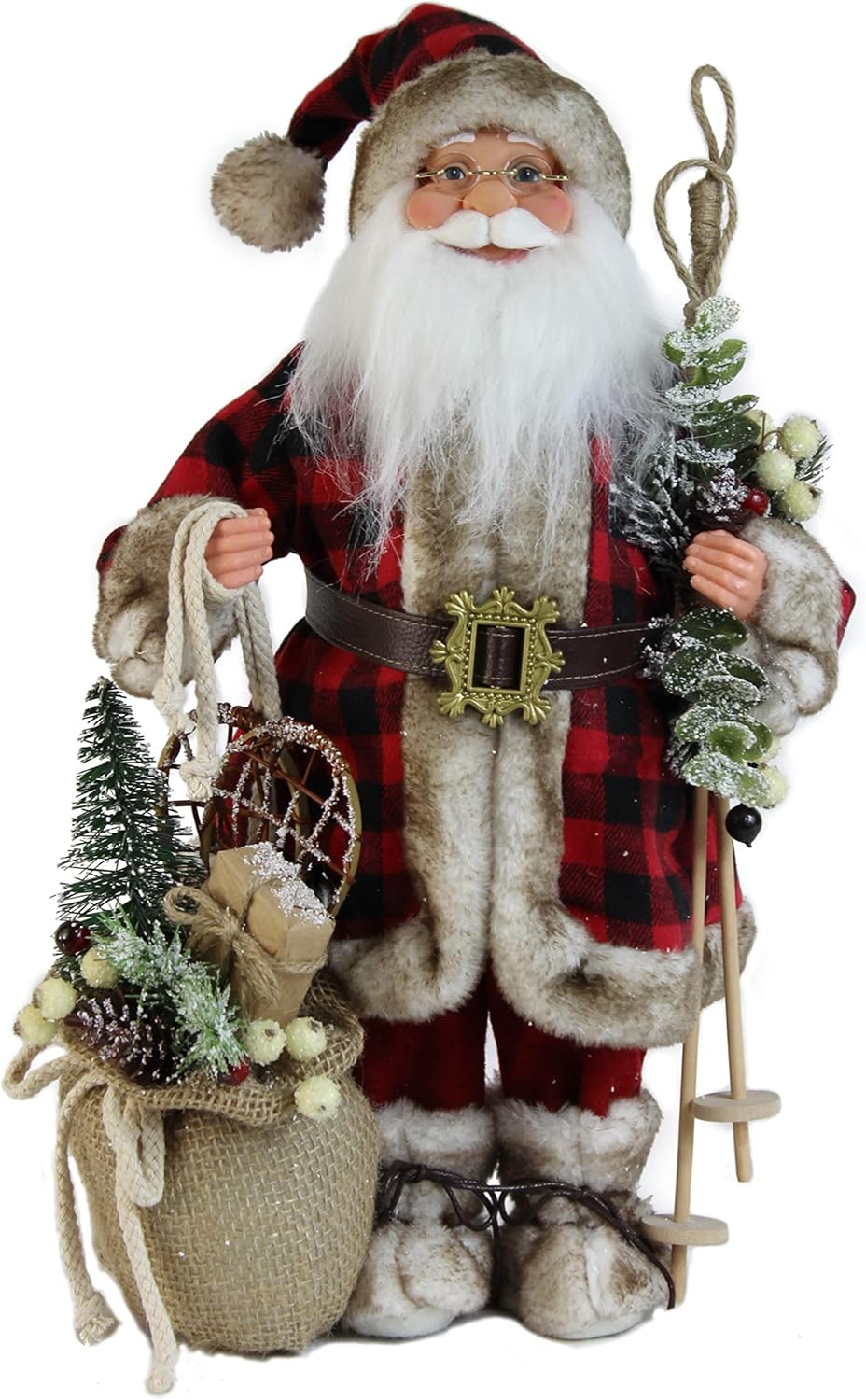 Windy Hill Collection 16" Inch Standing Buffalo Plaid with Burlap Toy Sack Santa Claus Christmas Figurine Figure Decoration 168280