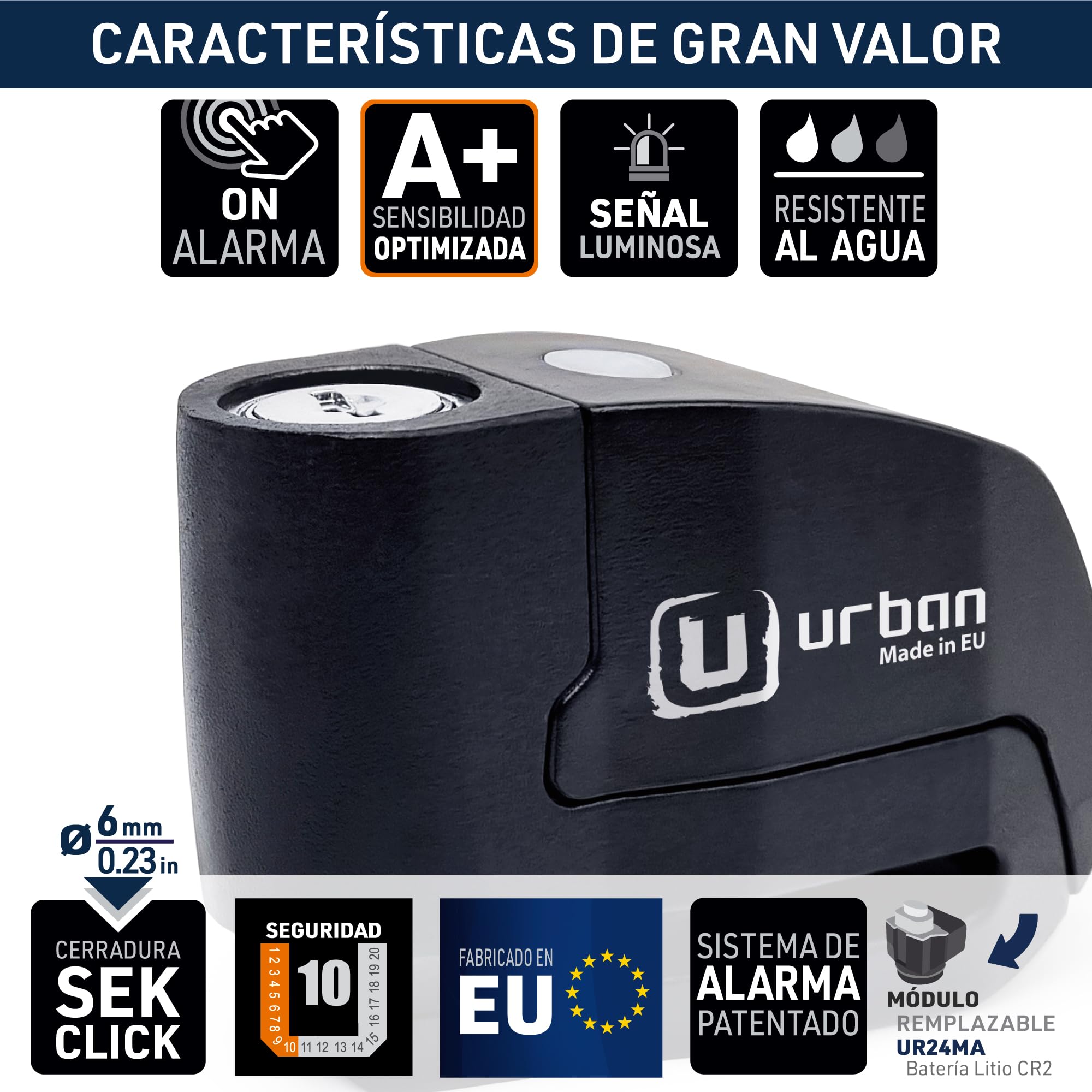 URBAN UR6B Candado Moto con Alarma Inteligente | Antirrobo Disco Más Eficaz | Hi-Tech, 120db, LED, Warning Sensibilidad A+, Pila CR2 Larga Duración, Más Impermeable, Pinza 6mm Universal Scooter Bici