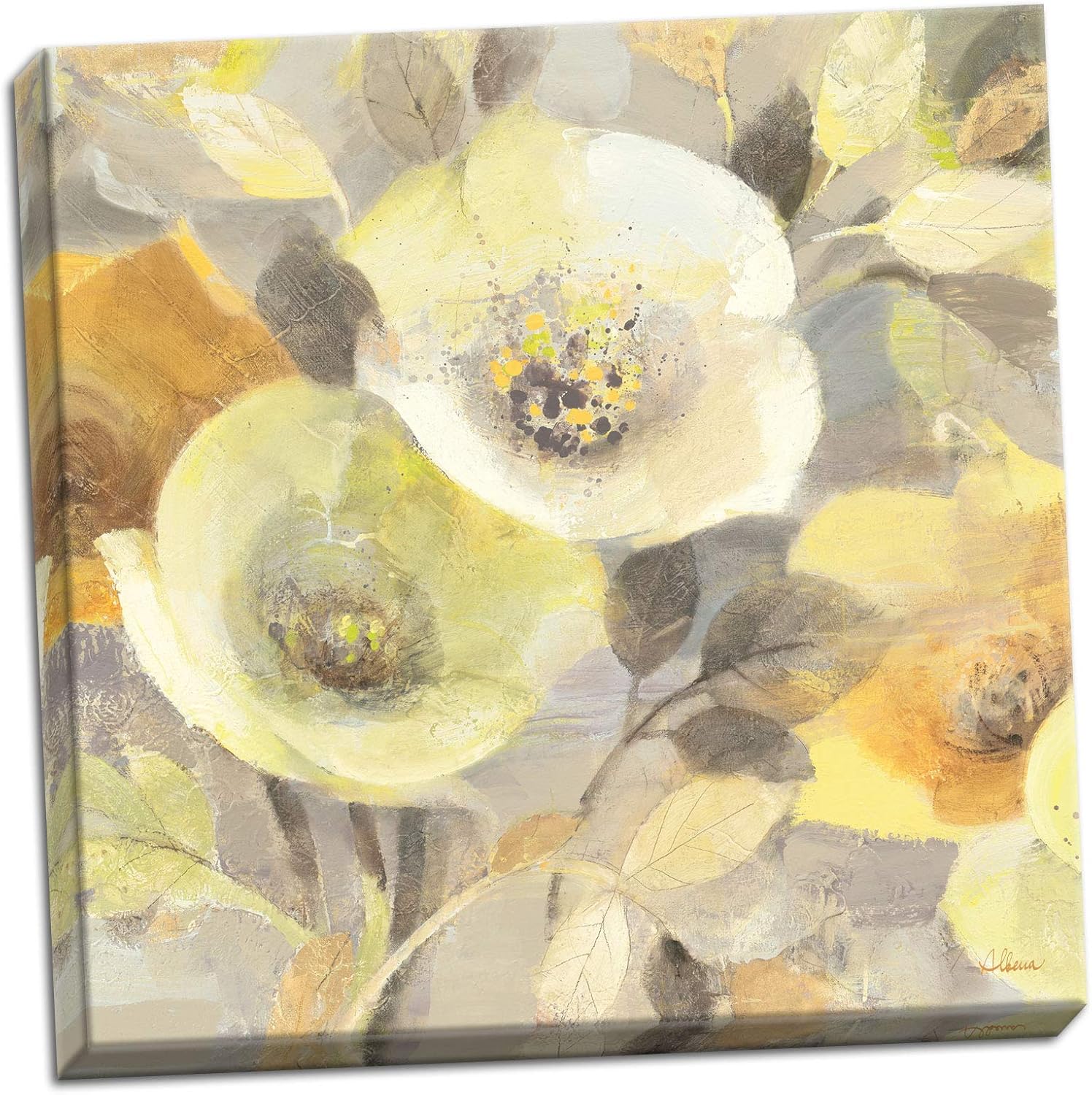 Gango Home Décor Gray and Yellow Blooming Spring Floral Canvas by Albena Hristova; One 24x24in Hand-Stretched Canvas
