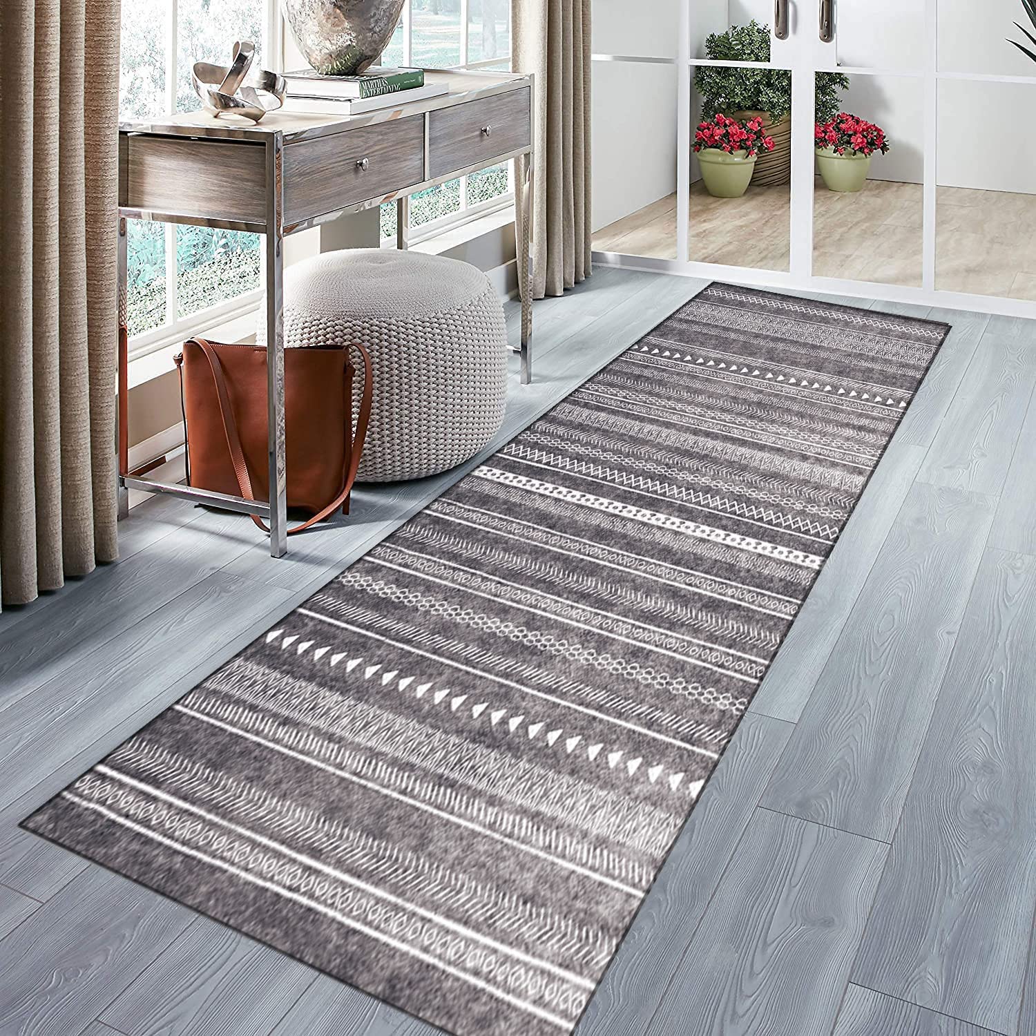 Läufer Teppich Flur rutschfest Teppich Läufer für Küche Wohnzimmer Modern Marokkanisch Grau Streifen Design