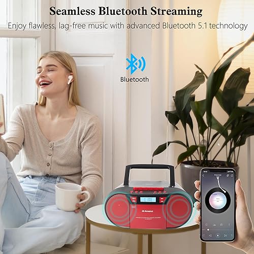 Miniatura 6 de Boombox - Reproductor de CD portátil, reproductor de cassette con CD MP3, Bluetooth, AUX TF, USB, radio FM, alimentación ACDC, caja de auge con