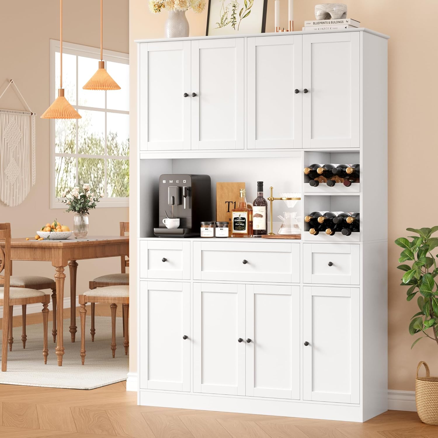BOTLOG 72" Tall Black Pantry Cabinet, Kitchen Hutch with Wine Rack, Microwave Stand, Buffet Cabinet with Hutch for Dining Room Kitchen, Home Bar Black