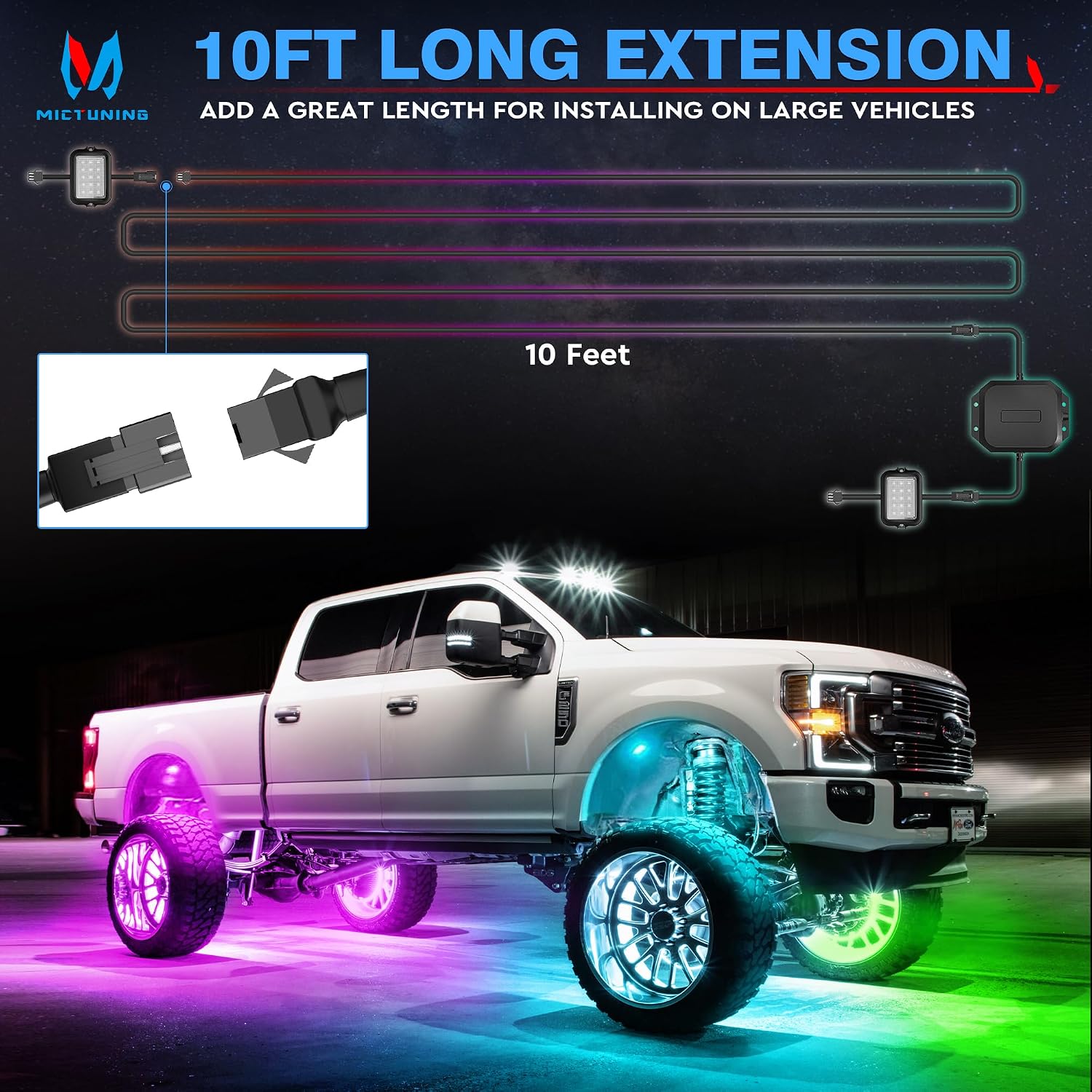 MICTUNING 2 Pack 10FT 3 Pin Rock Light Extension Wire Cable Cord - Only for Y1 RGB+IC LED Rock Lights Connection