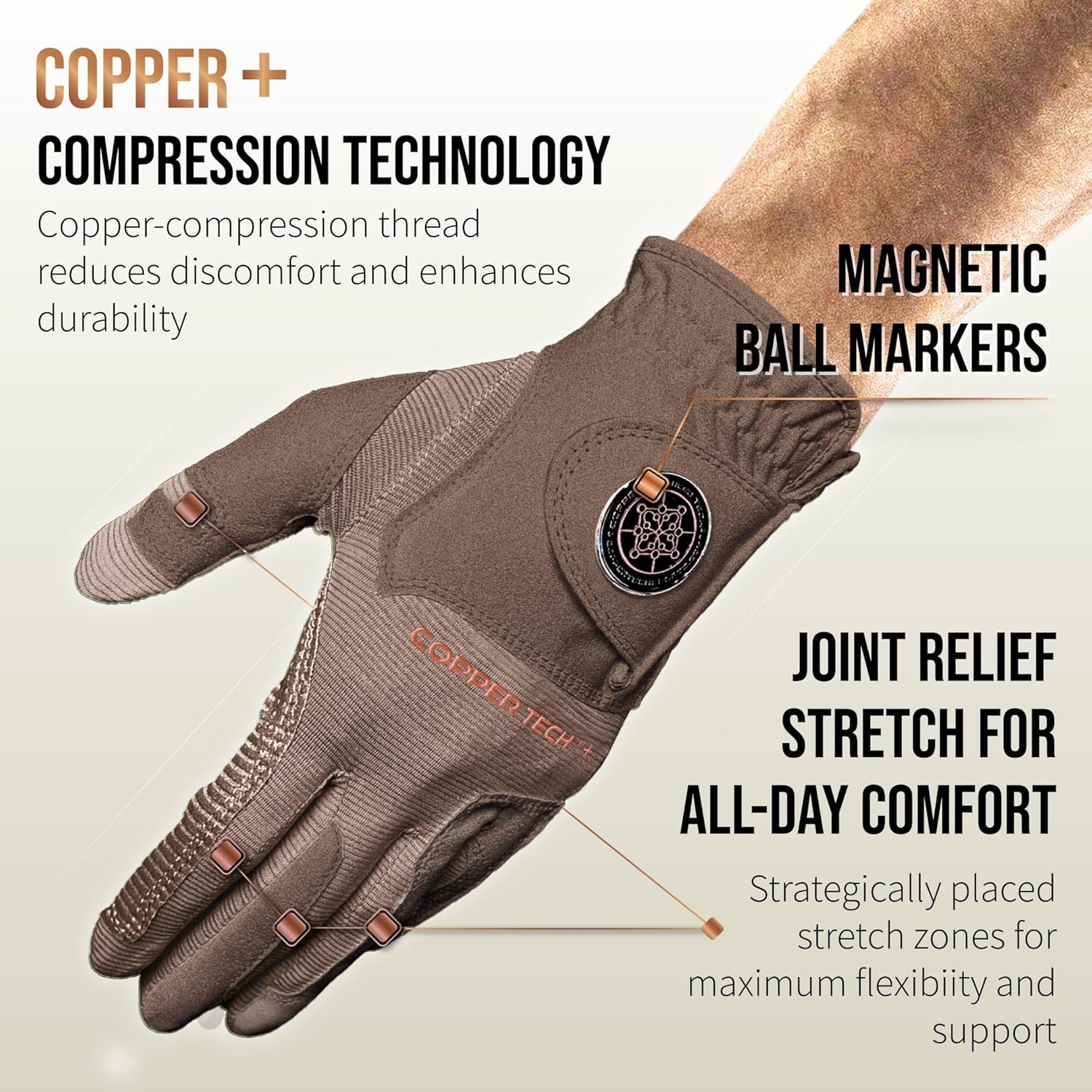 Copper Tech Plus Golf Gloves Men Right Handed Golfer or Left Handed Golfer (2nd Gen) | Copper Compression Joint Support Golf Glove