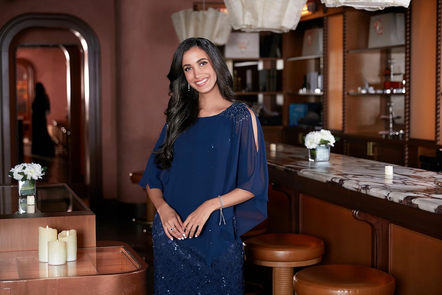 S.L. Fashions Womens Long Shimmer Foil Printed Chiffon Overlay Wedding Guest Capelet Gown, Formal Dress W/Attached Cape - Image 3