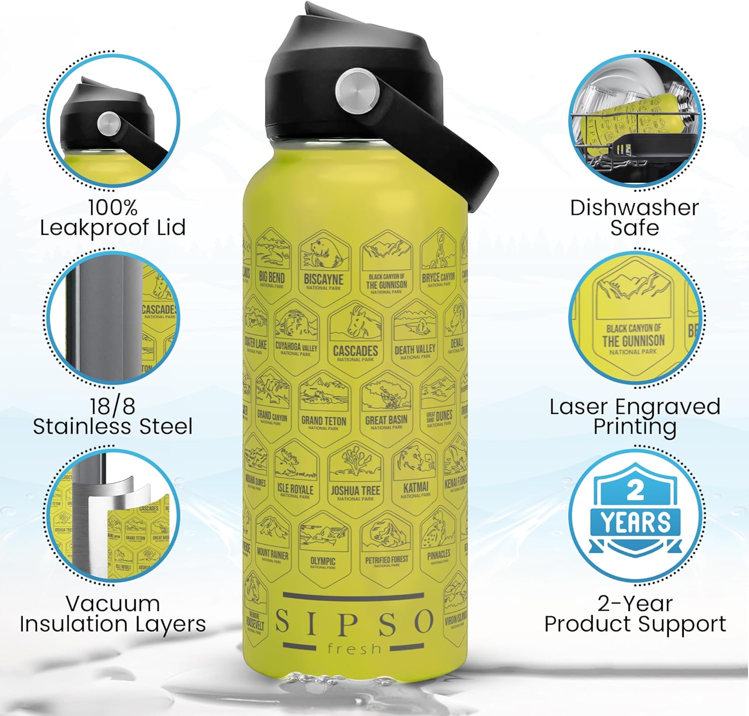 Hiking Gift Water Bottle – 32 oz Vacuum Insulated Stainless Steel National Park Water Bottle | 63 Waterproof Stickers & Premium Gift Box | Camping & Outdoor Adventure Gifts (Yellow) - Image 2