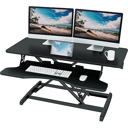 PUTORSEN 36'' Zit-sta bureau, 91x40cm staand bureau in hoogte verstelbaar bureauopzet voor PC-computerscherm, laptop, 15 kg capaciteit (zilver wit