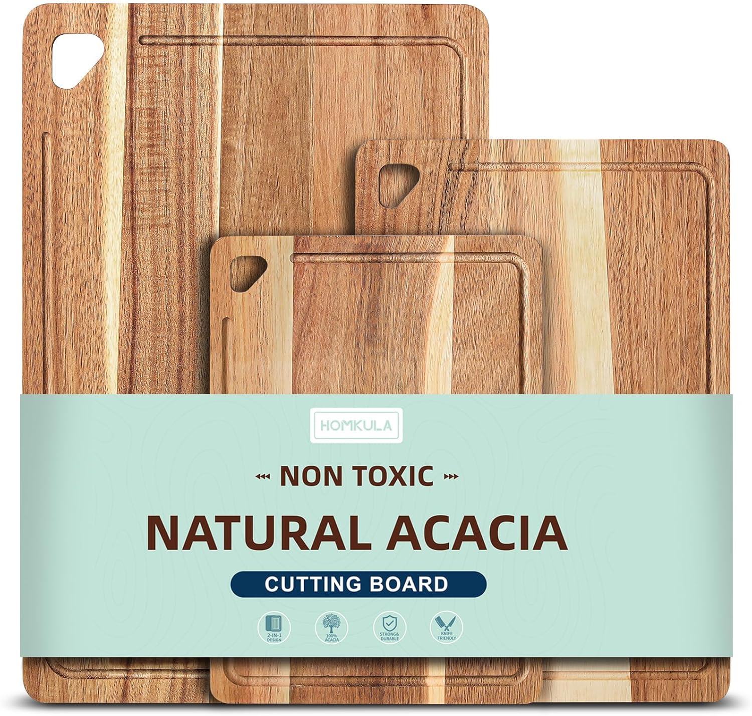 Acacia Wood Cutting Boards for Kitchen Non Toxic, Reversible Wooden Cutting Board with Juice Groove, Wood Chopping Board for Meat, Vegetables and Fruits, Set of 3 (S+M+L)