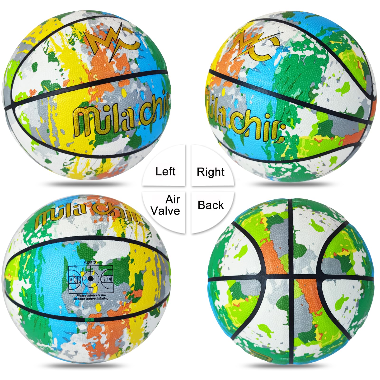 MILACHIC Basketball - Colorful Rainbow Basketball Indoor Outdoor Street Ball in Composite Leather for Men, Women, College, Youth - Standard Official Size 7 (29.5”) with Pump