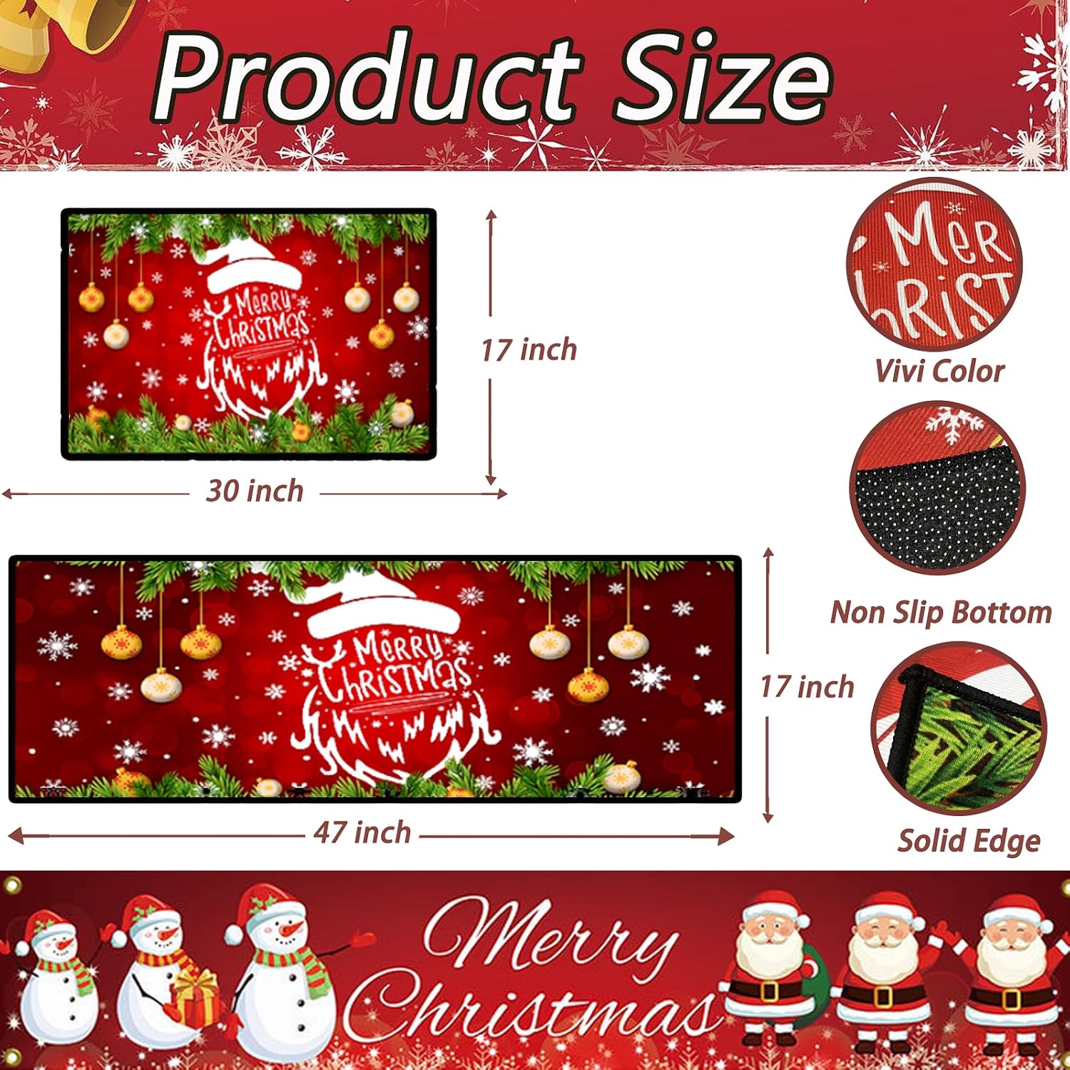 Christmas Kitchen Mat Set, Merry Xmas Indoor Floor Mats for Decorations 17"x47"+17"x23"