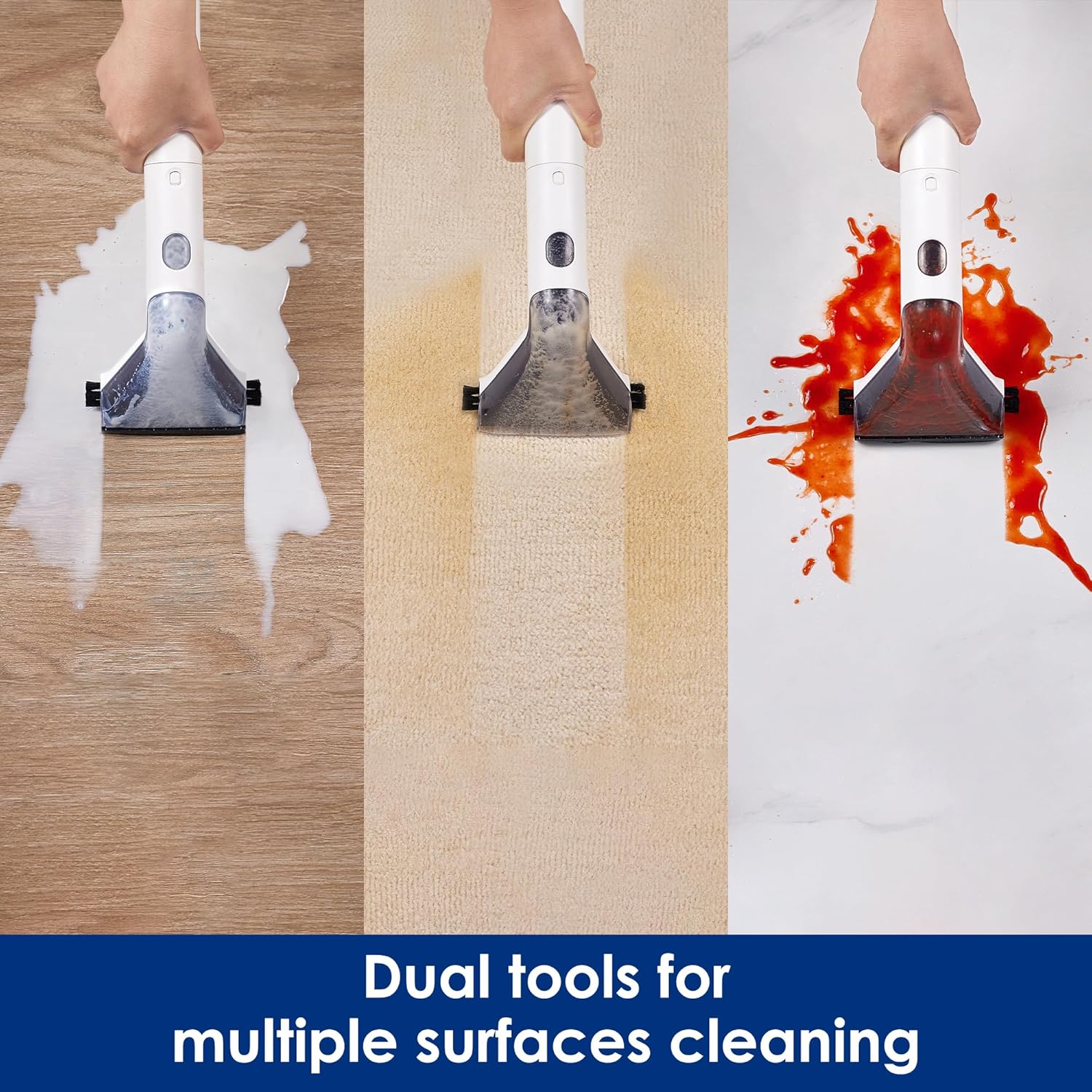 Three images showing the Tineco iCarpet Spot Cleaner's dual tools cleaning different surfaces: a liquid spill on wood, a stain on carpet, and a red spill on a hard floor.