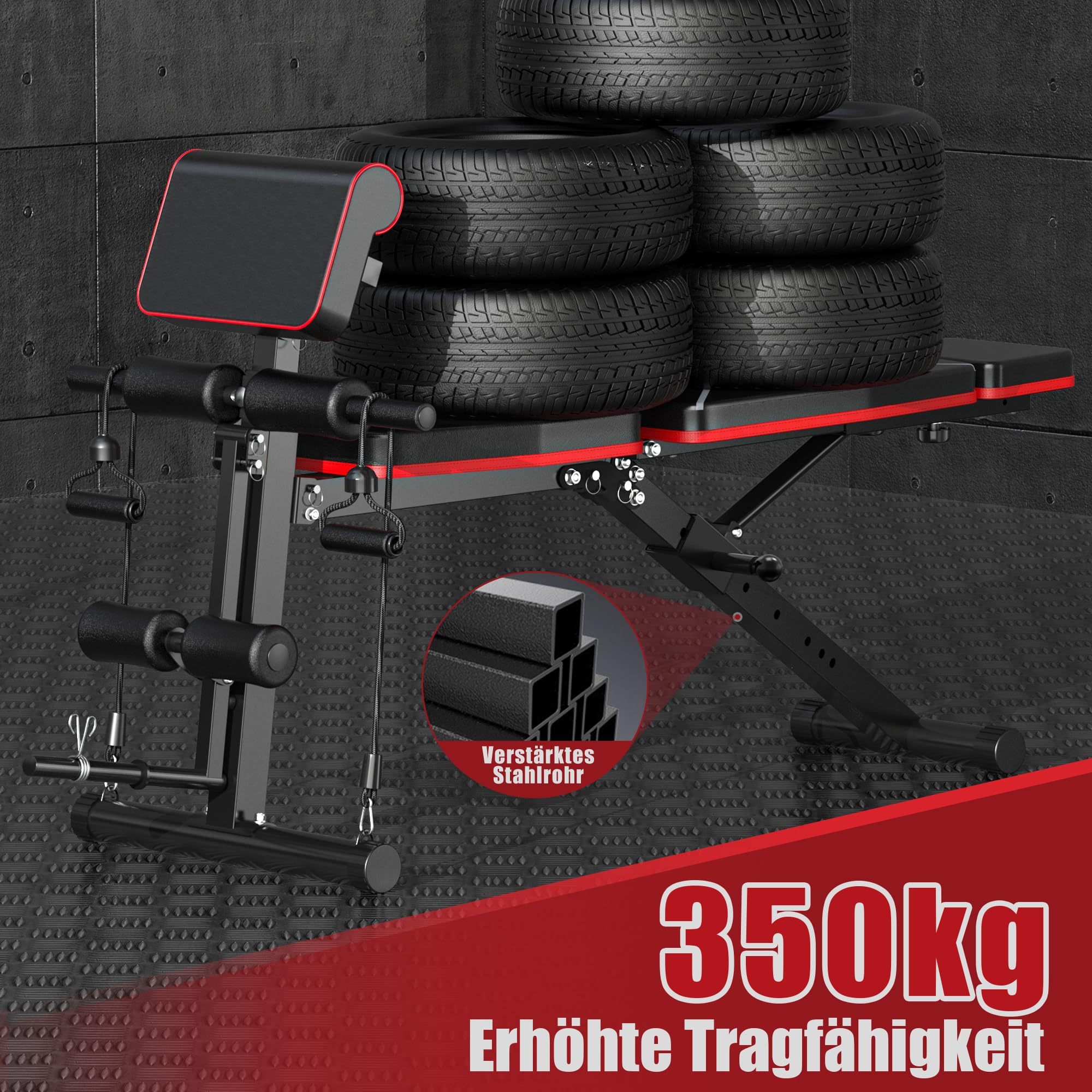 Verstellbare Hantelbank für Heimtrainingsstudio, 350kg Hantelbank Klappbar mit Beinverlängerung & Prediger-Curl-Pad, Neig- und Fallbank Trainingsbank für zuhause