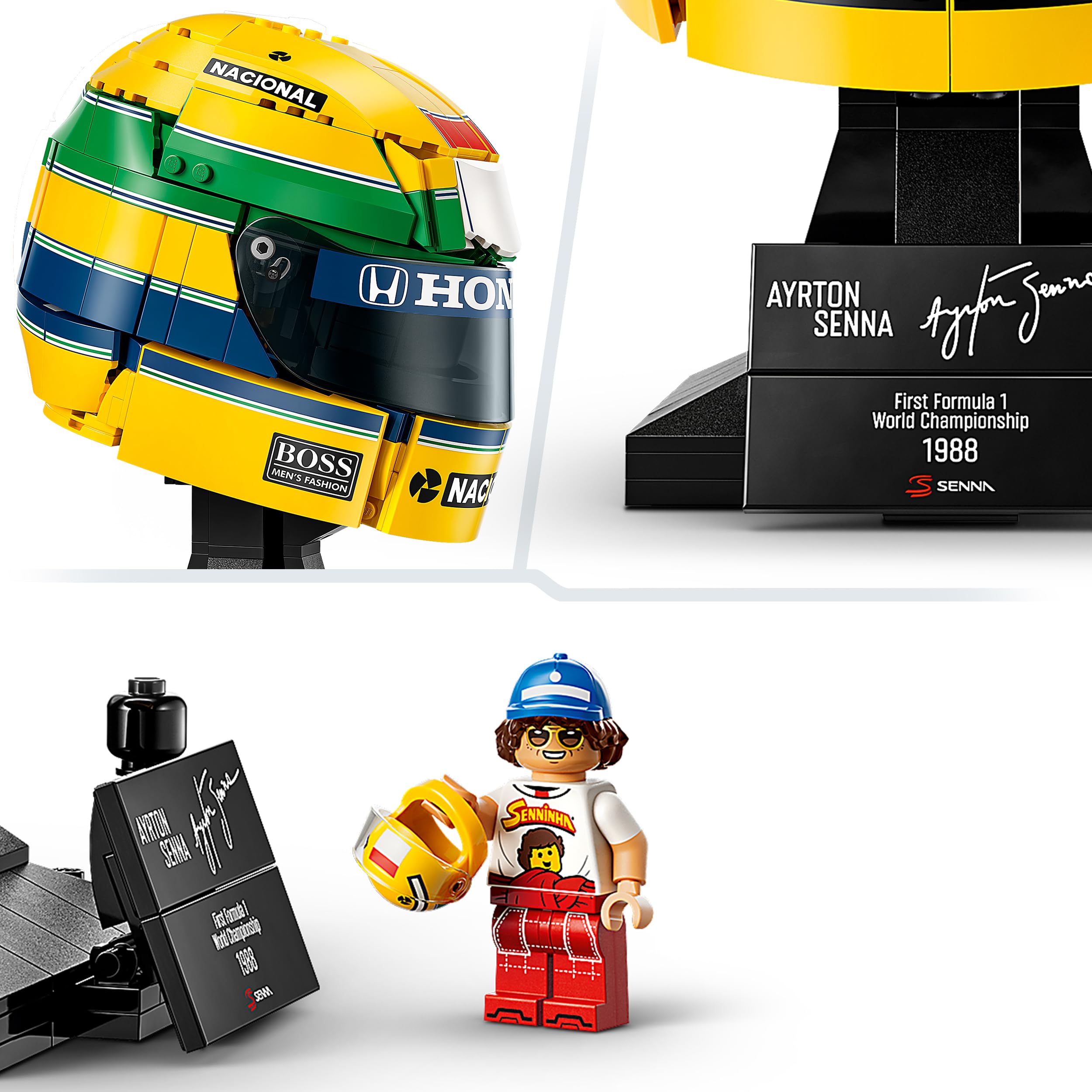 LEGO Editions Casco Ayrton Senna - Merch da F1 - Kit di Modellismo da Esposizione con Minifigure da Collezione - Regalo per Ragazzi da 14 Anni in su e per Adulti Appassionati di Automobilismo - 43024