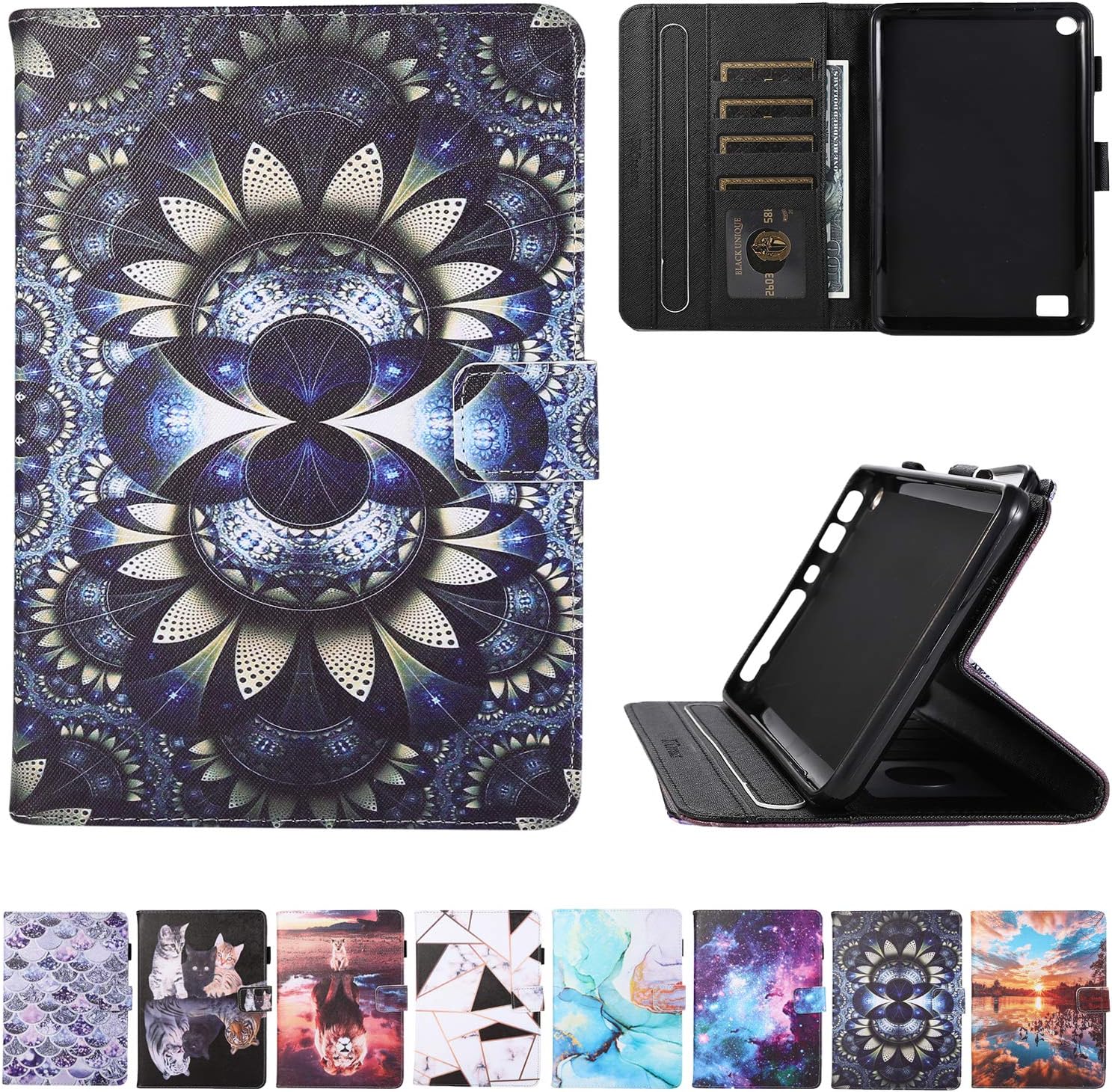 Kindle fire 7 Case, JZCreater Folio PU Leather Smart Case Cover for Amazon Fire 7 Inch Tablet(7inch Display 5th Generation 2015 & 7th Generation 2017 & 9th Gen 2019), 3D Flower