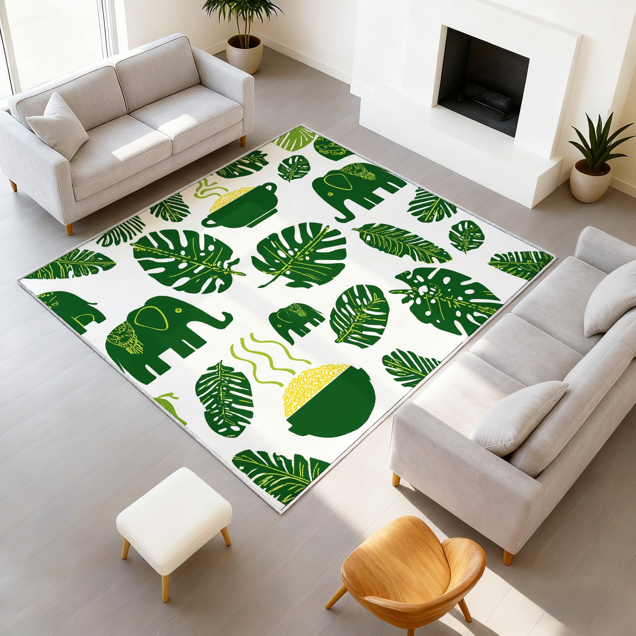 Tapis Minimaliste Animaux 90x150cm Style Sud-Est Asiatique Chambre Tapis Lavable Doux Antidérapant, Moquette Poil Ras imprimé Feuilles Tropicales Éléphant Vert pour Salon Chambre l'entrée Décoration
