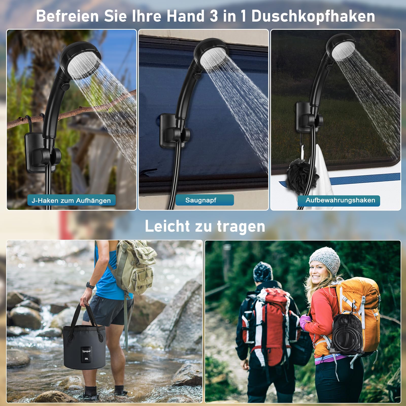 Spopal Campingdusche Tragbare, Campingdusche mit 20L Klappbarer Eimer, 6000mAh Camping Dusche Akku, Camping Dusche Outdoor Set mit Duschkopf und 2m Schlauch für Garten, Strand, Autowaschen, Haustier