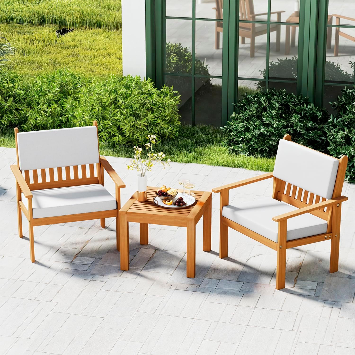FDW 3-Piece Patio Furniture Set Acacia Wood Patio Bistro Set Outdoor Chat Conversation Table Chair Set Wood Chat Set with Water Resistant Cushions and Coffee Table Chairs for Beach Backyard Garden - Image 2