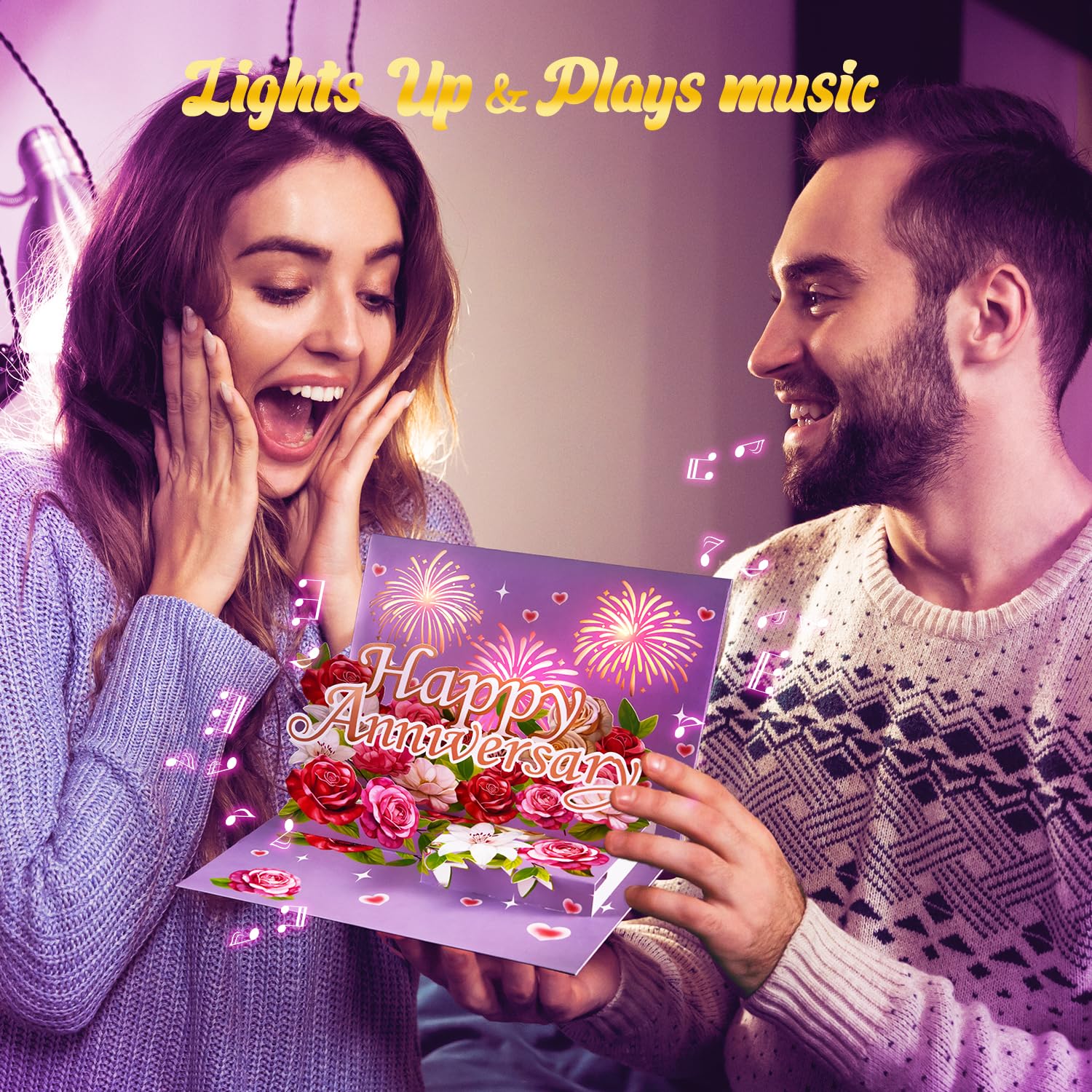 Airpark Tarjeta de aniversario con música y luces, tarjeta de feliz aniversario 3D desplegable para esposa, artículos esenciales de aniversario para ella/él/esposo/pareja/con fuegos artificiales y