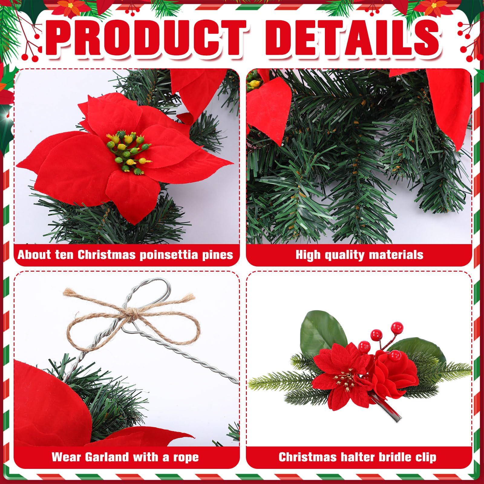 Dansydaisy Weihnachtskranz, Pferd, Halfter, Halfter, Zaumzeug, Clip-Set, 180 cm, künstliche Weihnachtsstern-Girlanden für Urlaubsdekoration, Pferde-Kostüm-Zubehör