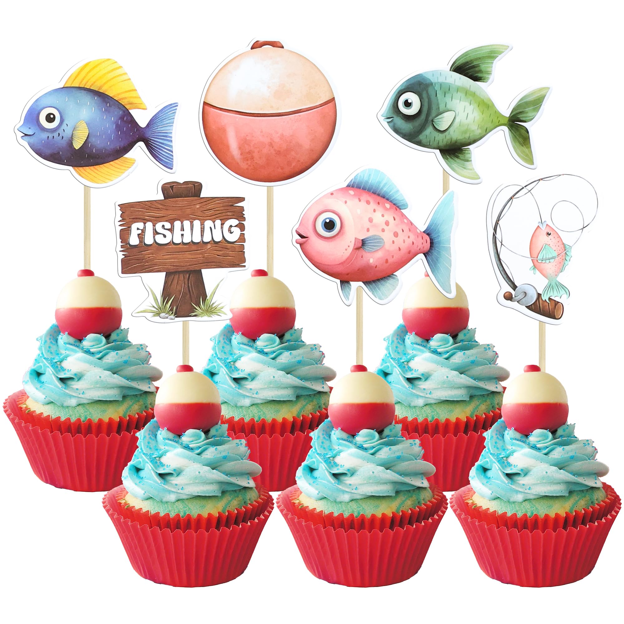 Ephlyn 36Pcs Fishing Cupcake Toppers Gone Fishing Party Cupcake Picks for Fisherman Birthday Party Decorations Fisherman Fishing Pole Theme Party Baby Shower Supplies