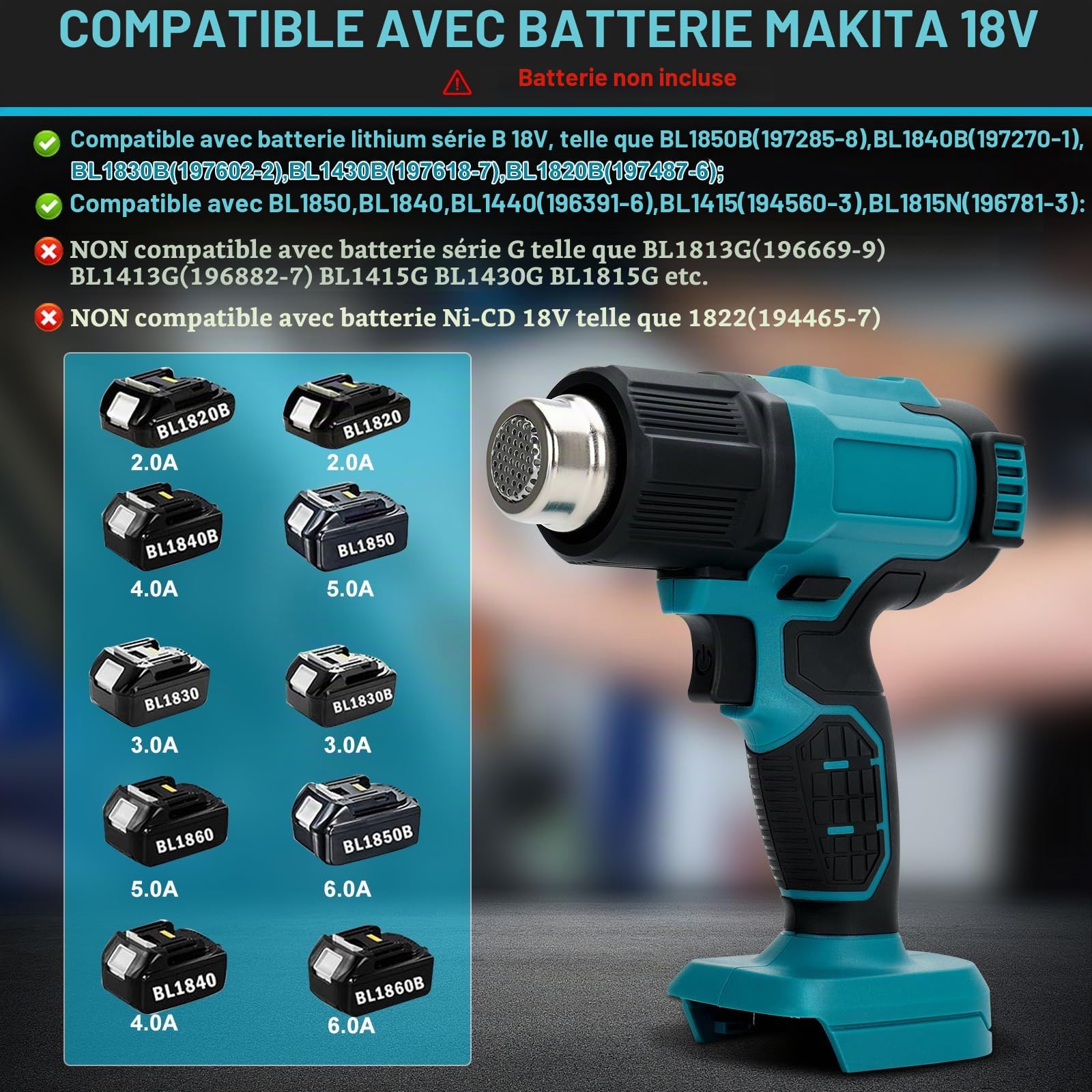 Decapeur Thermique Sans Fil pour Batterie Makita 18V, Décapeur Thermique avec 8 buses, 4 vitesses et écran LCD pour le séchage, pour le séchage, cintrage de tubes, enlèvement de peinture