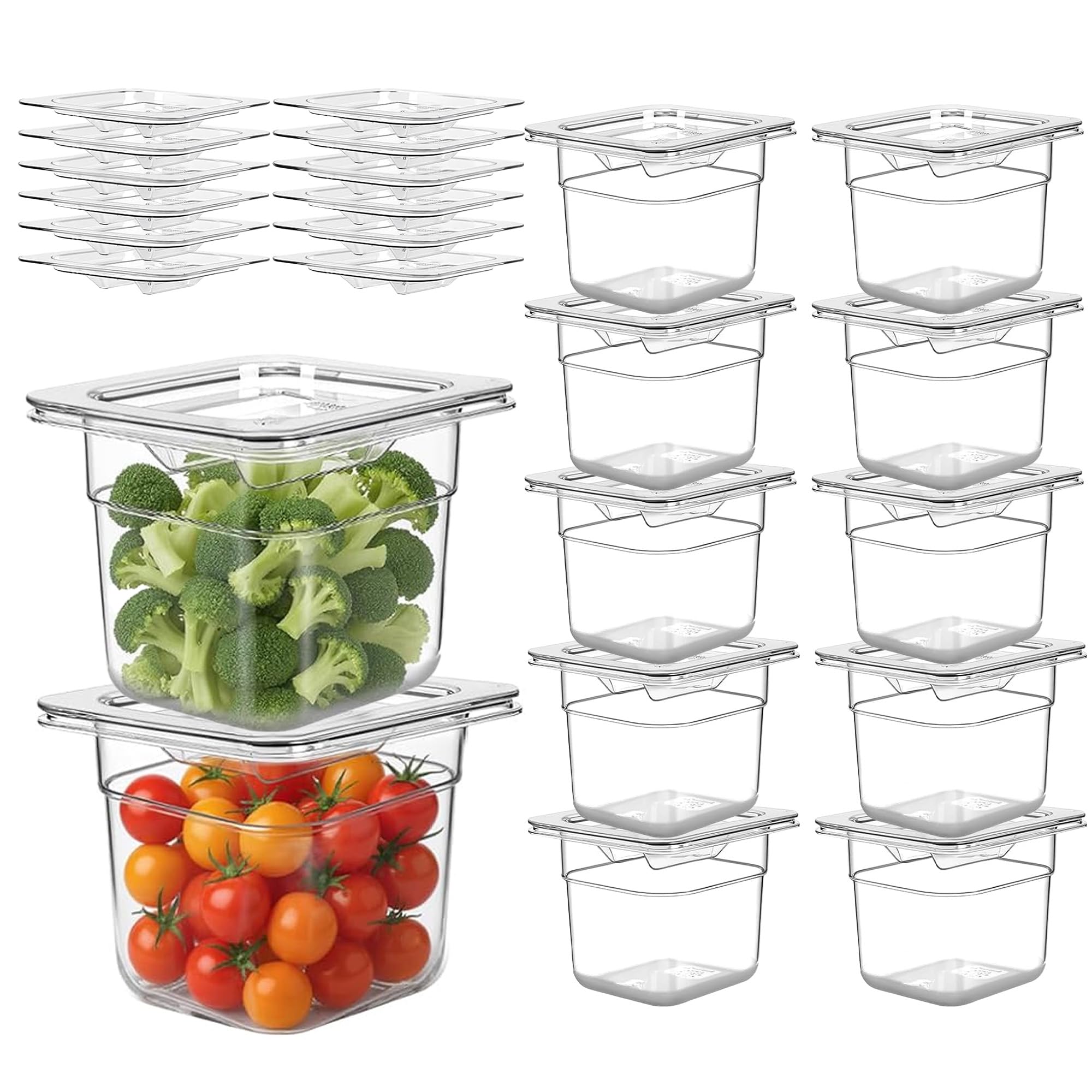 Takywep Confezione da 12 teglie per alimenti in policarbonato da 1/6 con coperchi, profonde da 15,2 cm, impilabili, trasparenti, contenitori di grado commerciale per cucina, frigorifero, hotel e
