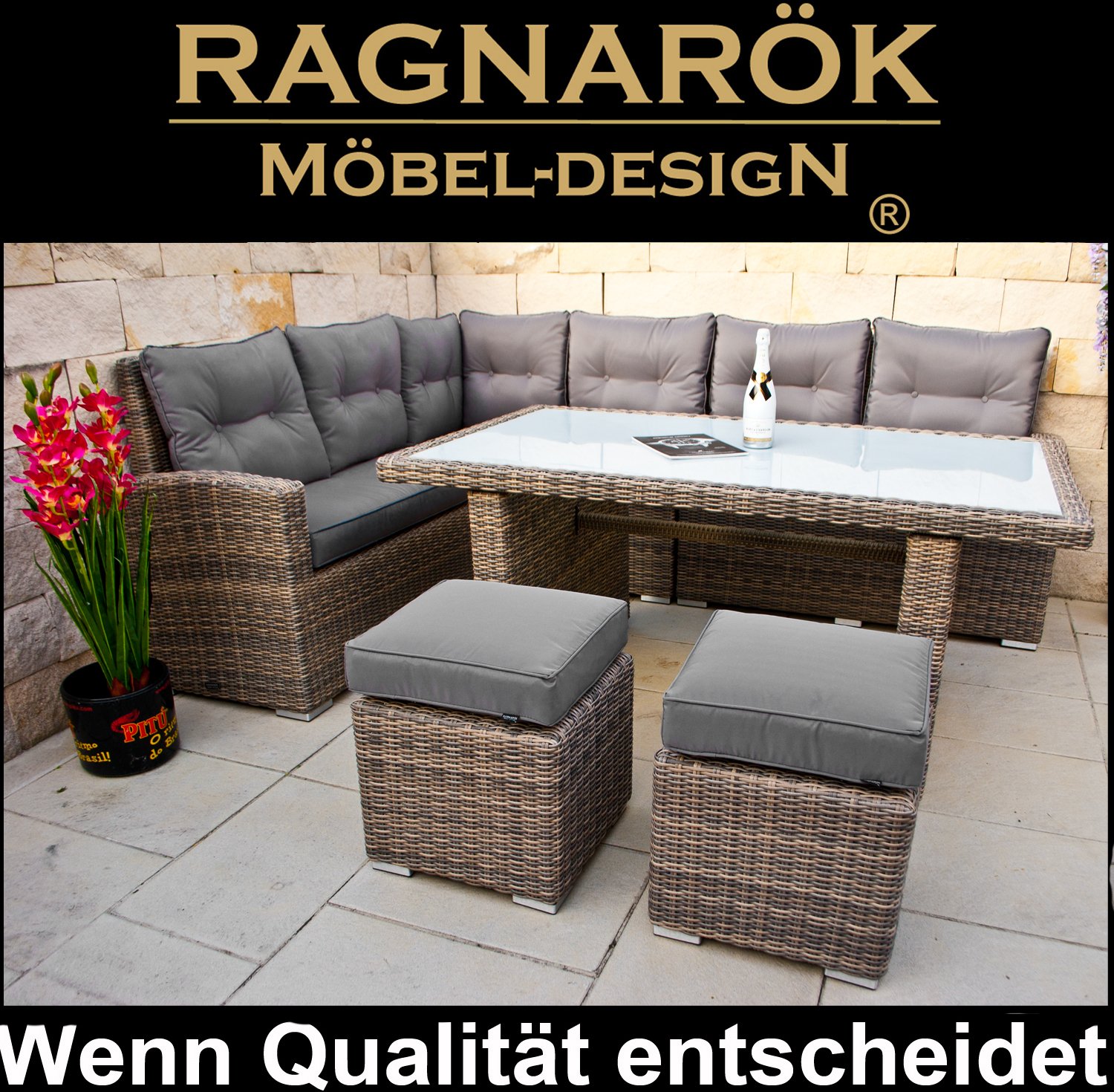 Premium PolyRattan Dining lounge - Deutscher Hersteller - 8 Jahre GARANTIE - Aluminium Gartenmöbel Essgruppe Polster Sitzkissen Grau Natur Rostfrei Esstisch Rattan Garten Sitzgruppe Tisch