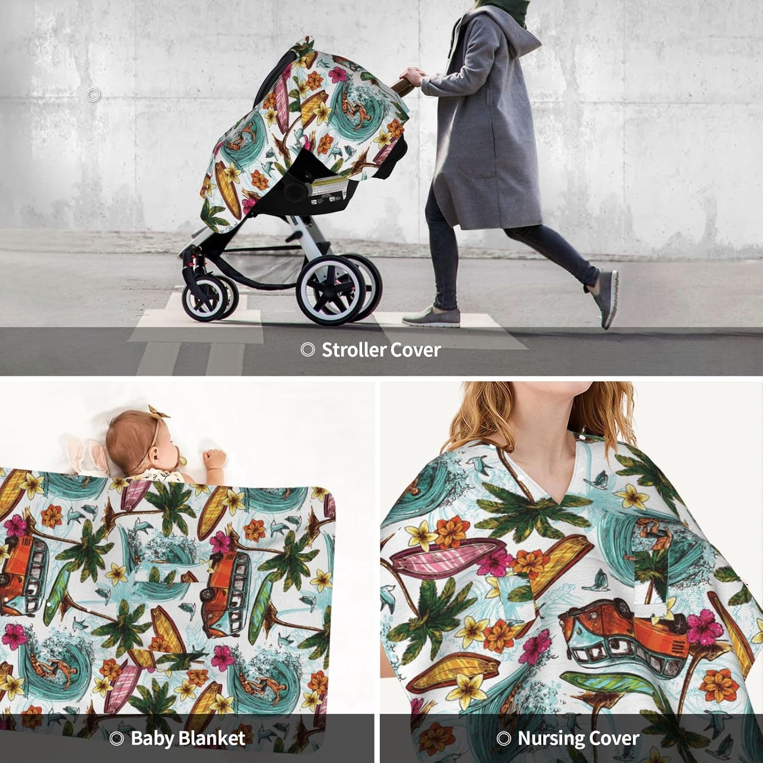 Hawaiian Surfer Baby Car Seat Cover & Breastfeeding Nursing Cover - Breathable Stretch Fabric Multi-Use Nursing Cover for Breastfeeding