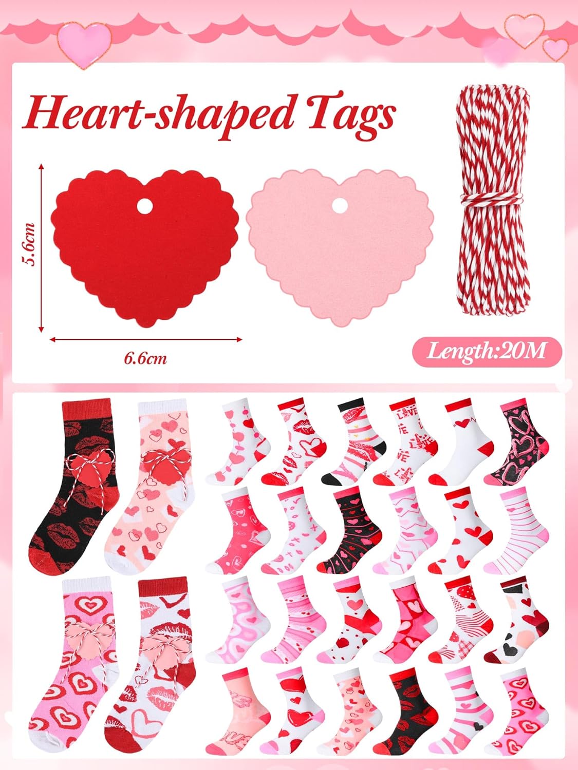Valentines Day Socks with Heart Tags Heart Print Crew Novelty Love Lips Kiss Socks for Women Galentines Gifts - Image 4