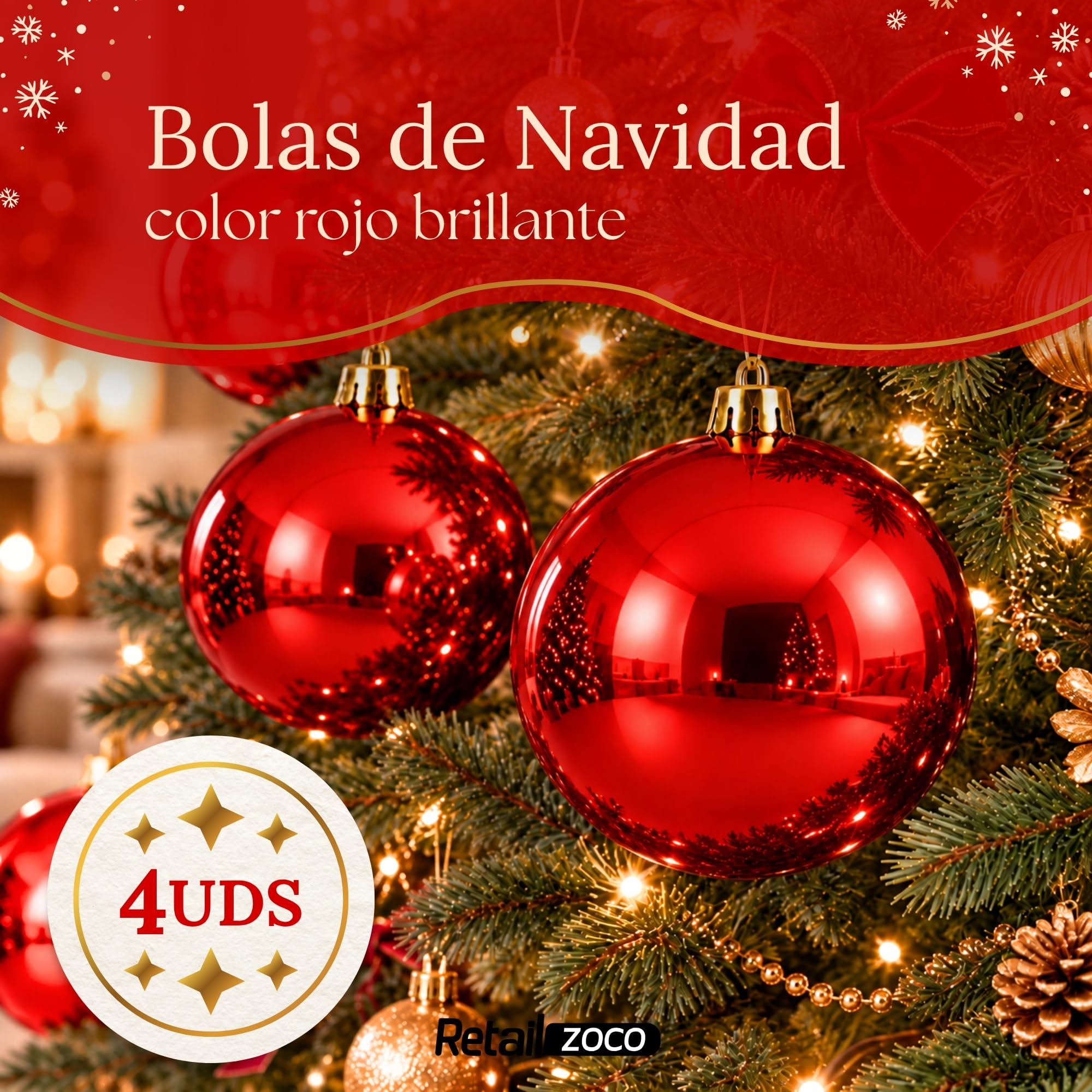 Bolas de Navidad, Adornos Arbol Navidad, 4 Piezas, Rojo - imagen 2