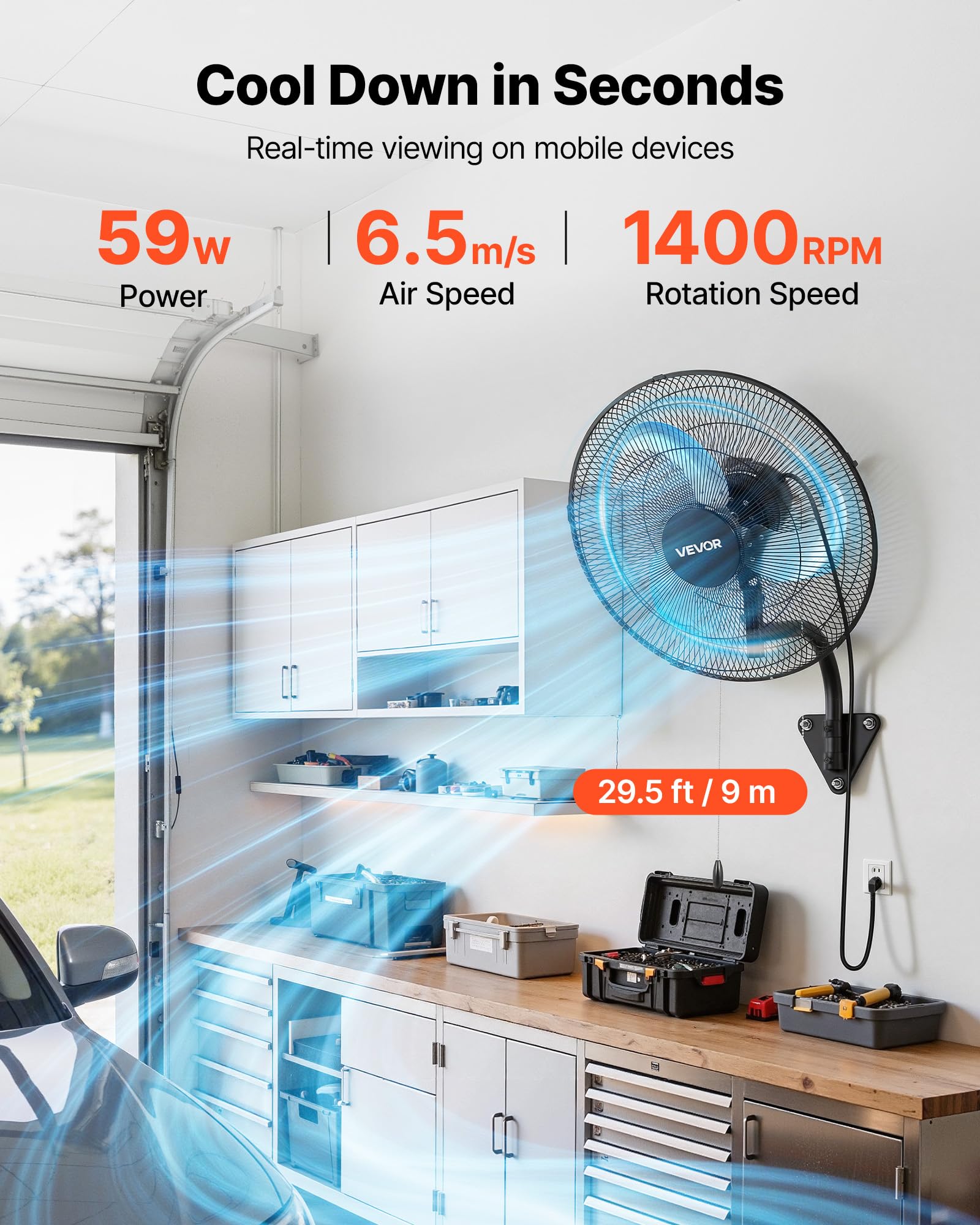 VEVOR Ventilatore da Parete Industriale, 457 mm, Ventilatore Oscillante a Muro, 3 Velocità, Flusso d'Aria Potente, Angolo Regolabile, Adatto per Officine, Garage, Palestre e Ambienti Commerciali