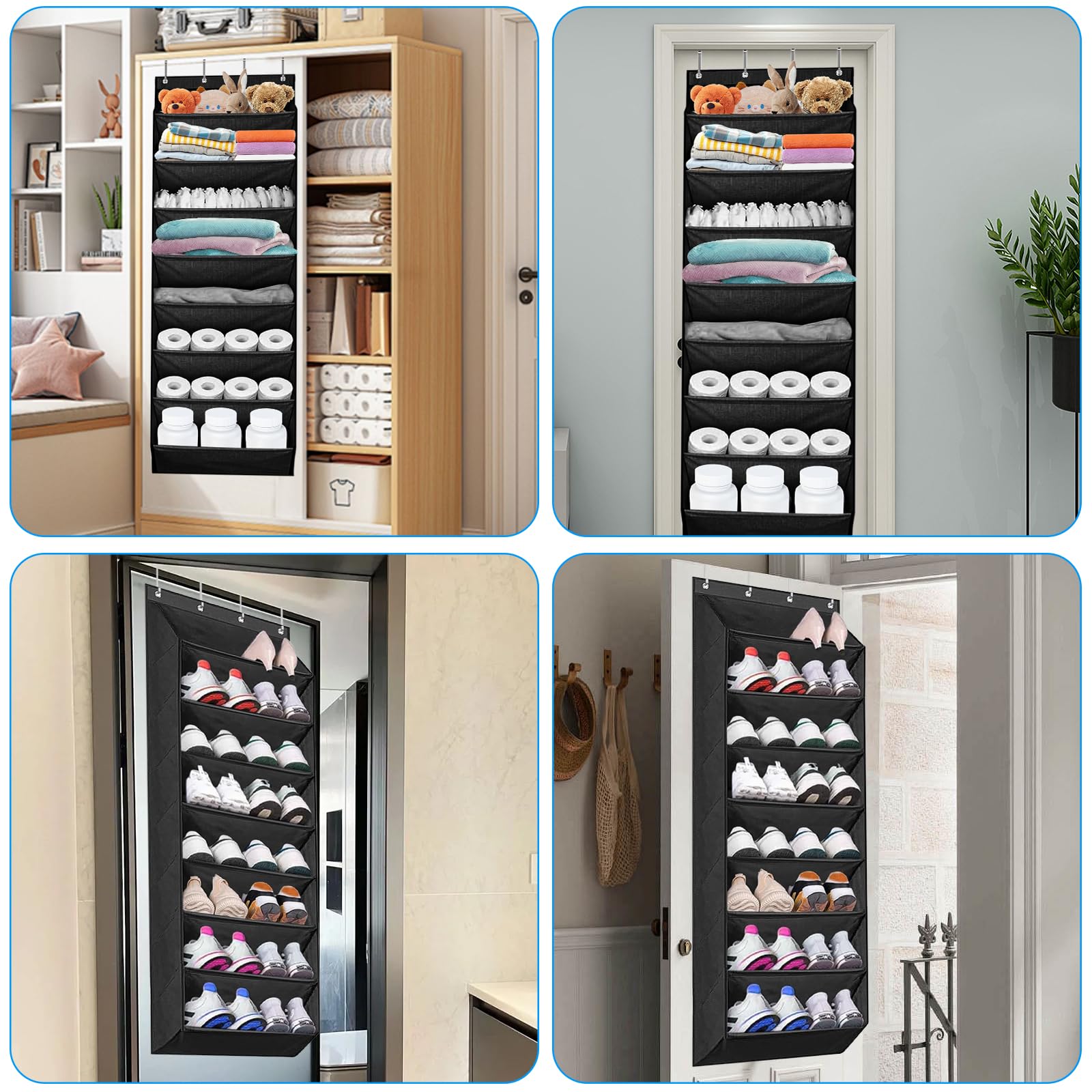 Scarpiera da Appendere Alla Porta,Organizer Scarpe con 8 Grandi Tasche per Sportascarpe,Portaoggetti da Appendere Salvaspazio Ideale per Ogni Ambiente-Nero